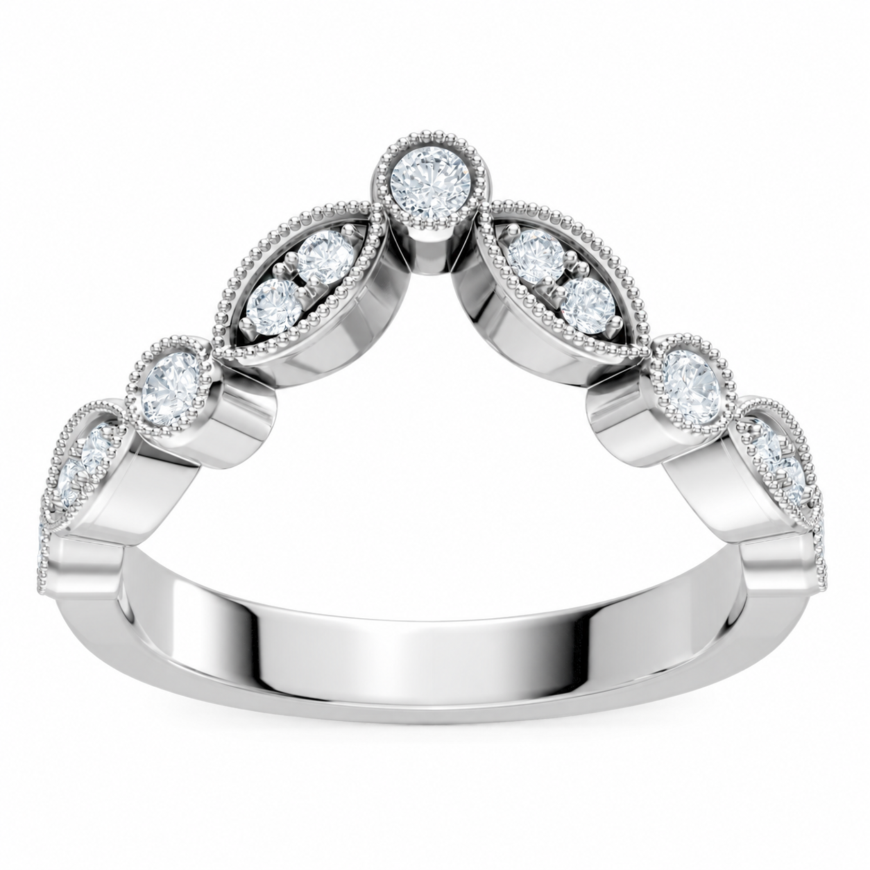 14K White Gold Lab Grown Round Diamond Milgrain Contour Band