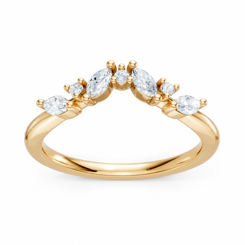 14K Yellow Gold Round & Marquise Diamond Offset Contour Band