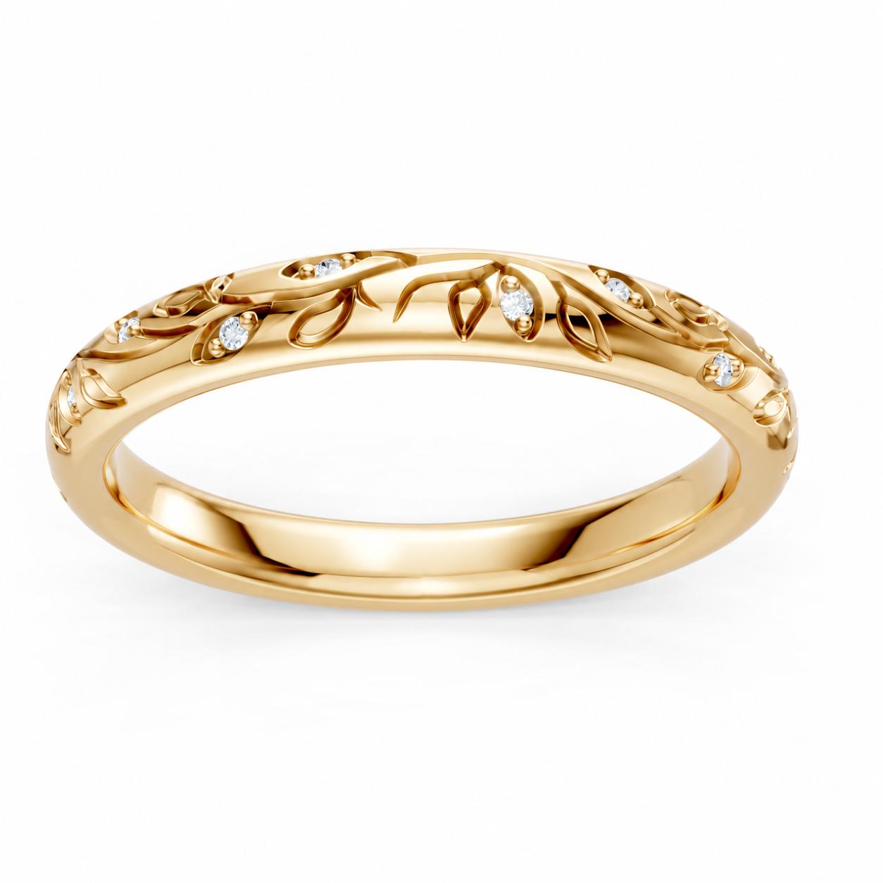 14K Yellow Gold Round Diamond Vine High Polish Band