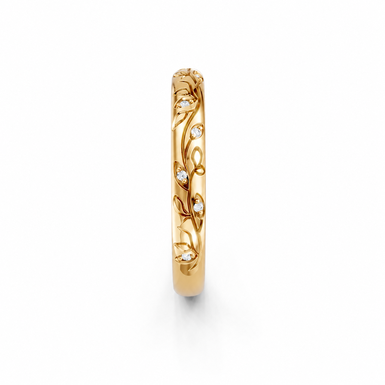 14K Yellow Gold Round Diamond Vine High Polish Band