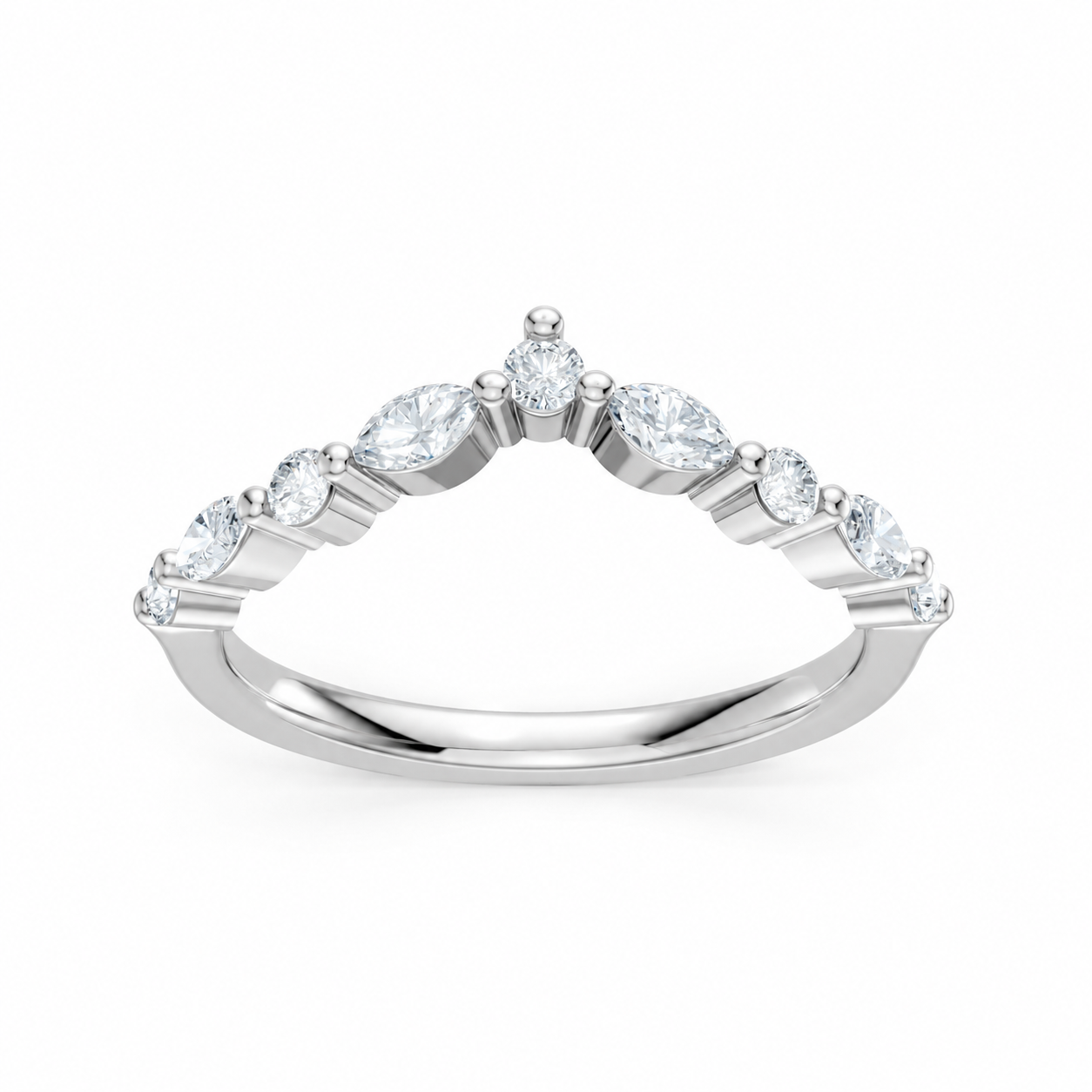 14K White Gold Round & Marquise Diamond Imagine Set Single Prong Contour Band