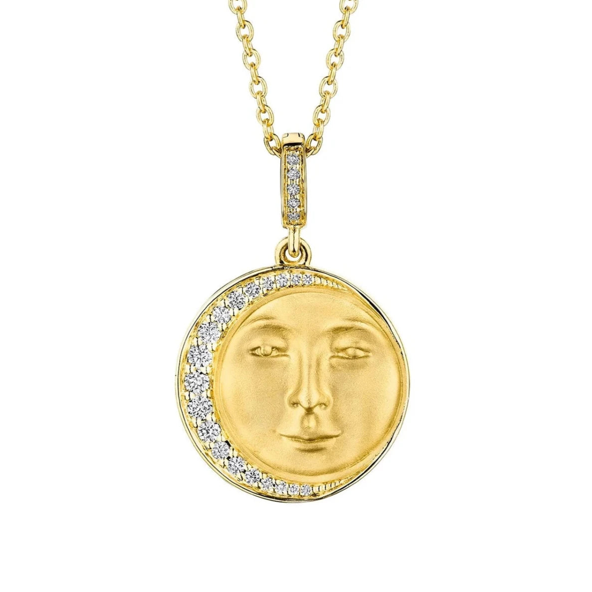 Man In The Moon Medallion Charm by Penny Preville available at Talisman Collection Fine Jewelers in El Dorado Hills, CA and online. You'll be over the moon with this classic 18k gold charm featuring a playful man in the moon design. Sparkling with .30 cts of diamonds, this 19 mm diameter medallion is sure to add a touch of whimsy to any outfit. (And let's be honest, it's he's so cute!)