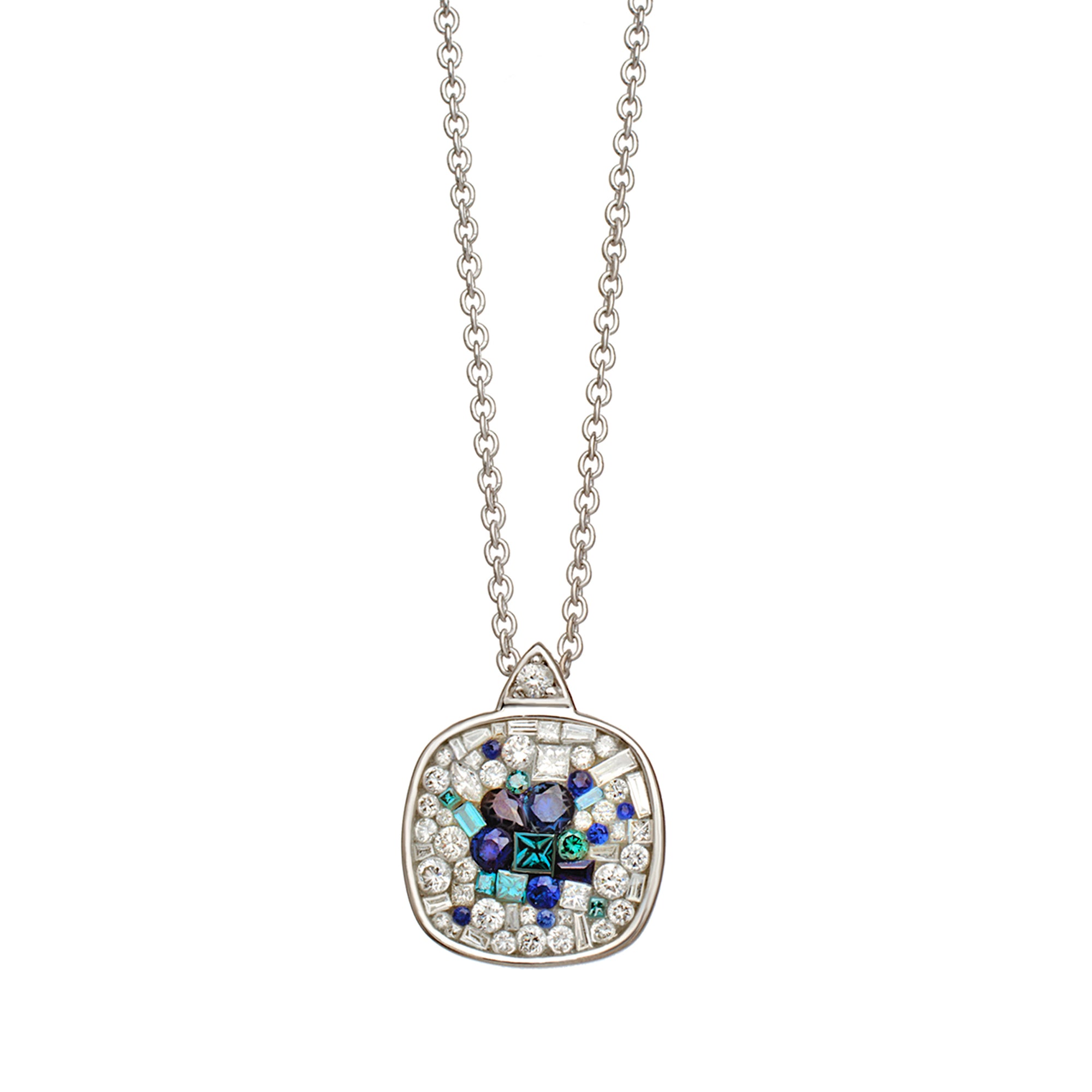 Blue Galaxy Diamond Cushion Pendant Necklace by Pleve available at Talisman Collection Fine Jewelers in El Dorado Hills, CA and online. Specs: 1.40 cts white & color enhanced diamonds; 18k white gold Story: