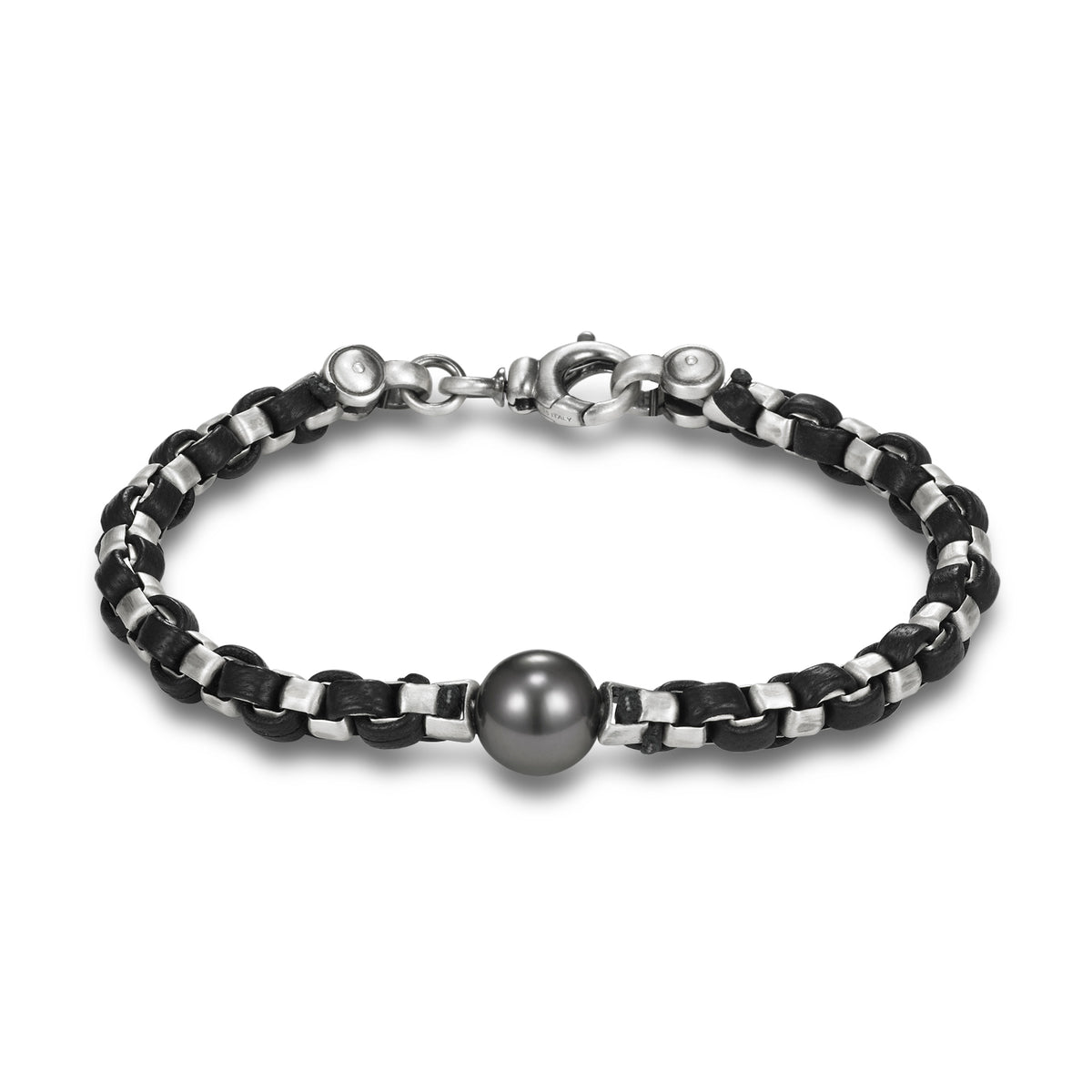 Sorrento Silver and Leather Tahitian Pearl Bracelet by Mastoloni available at Talisman Collection Fine Jewelers in El Dorado Hills, CA and online. A unique blend of luxurious leather and lustrous silver, this bracelet features a 11.5 - 12 mm Tahitian pearl and adds an edgy touch to any look. It's the perfect accessory for those who like to keep things cool and casual, with a hint of sophistication. Its 8.5" length makes it a great choice for men, or anyone needing a longer length.