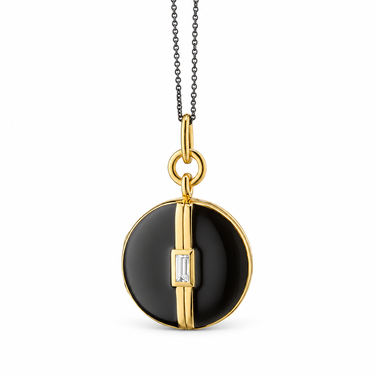 Black Enamel Vermeil Round Locket with White Sapphire