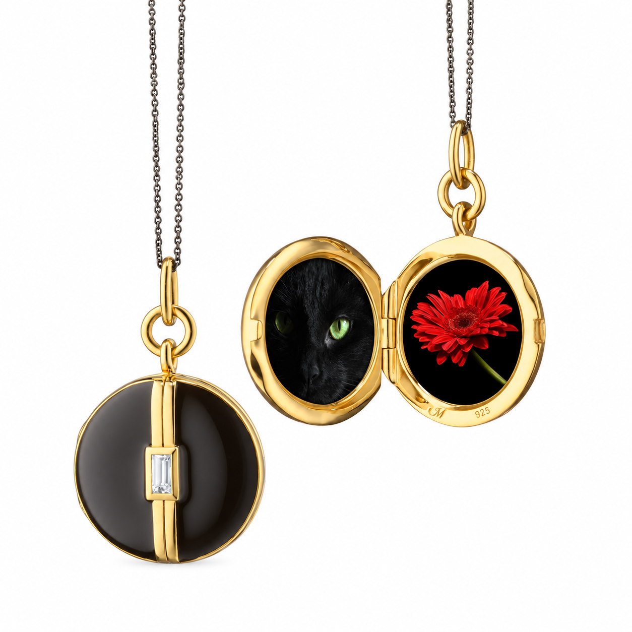 Black Enamel Vermeil Round Locket with White Sapphire