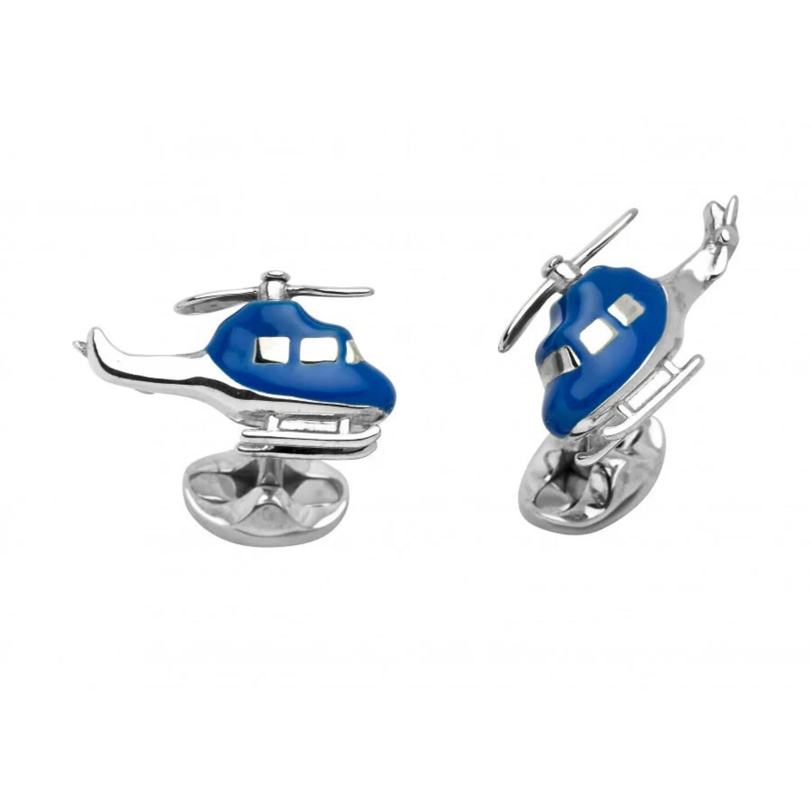 Blue Helicopter Cufflinks by Deakin & Francis available at Talisman Collection Fine Jewelers in El Dorado Hills, CA and online. The sterling silver helicopter cufflinks with moving rotor blades have a gleaming blue enamel finish. With a full set of Deakin &amp; Francis hallmarks for authenticity, these cufflinks come packaged in our unique presentation box.