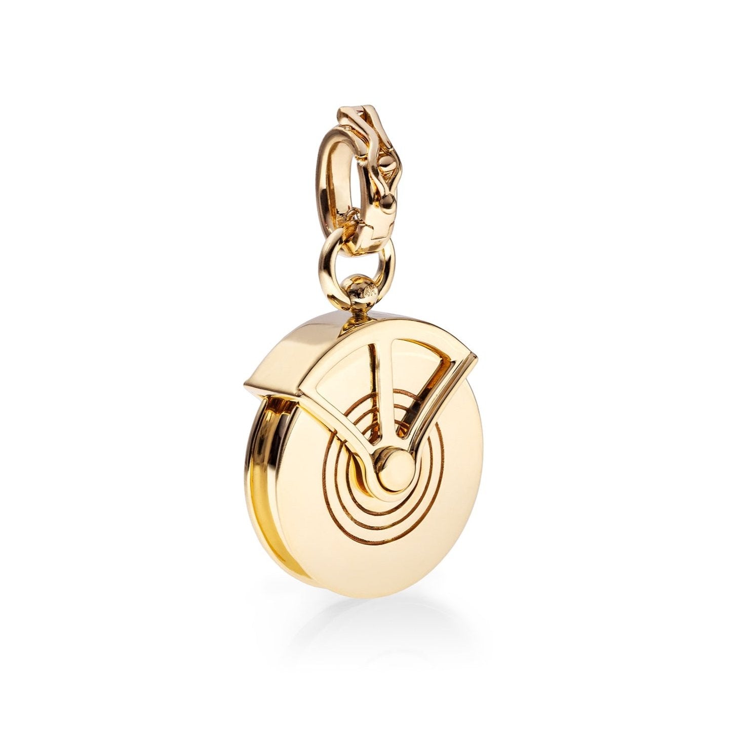 Strength Pulley Charm by Mined + Found available at Talisman Collection Fine Jewelers in El Dorado Hills, CA and online. The 14k gold strength pulley pendant is imbued with emotional themes of resilience and bravery, captured through a silhouette inspired by antique pulley wheels. The fully rotational wheel is adorned with a glowing rainbow moonstone cabochon at center and a frame of 0.11 cts of sparkling diamonds. The enhancer bail opens at back to allow it to be linked directly to large links, over your f