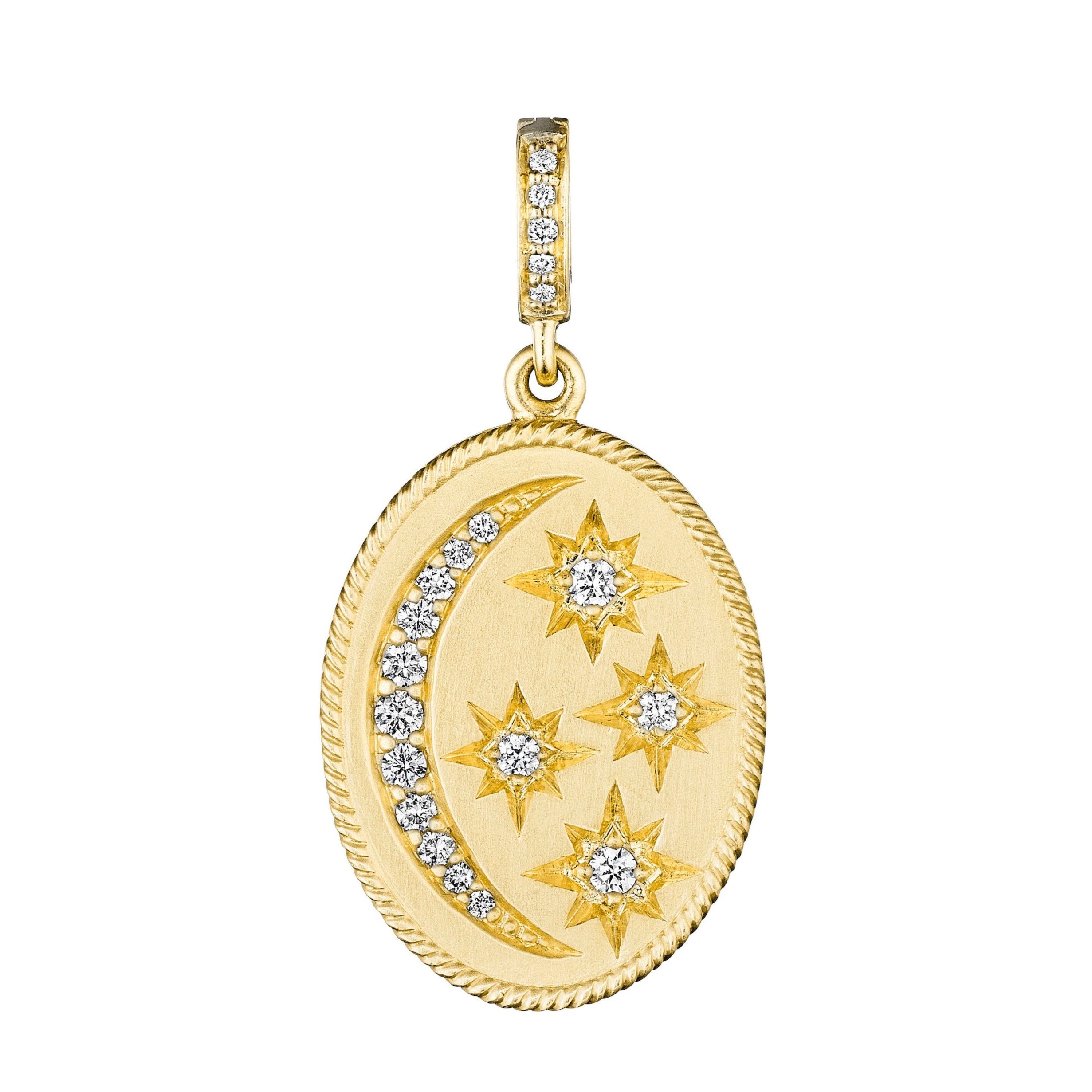 Diamond Star & Moon Medallion Charm by Penny Preville available at Talisman Collection Fine Jewelers in El Dorado Hills, CA and online. Transform your favorite necklace with the addition of this beautiful 18k gold charm that featuring a twinkling crescent moon and stars made of 0.32 cts of diamonds. For a fresh look, group this 122x17 mm oval charm with several pendants.
