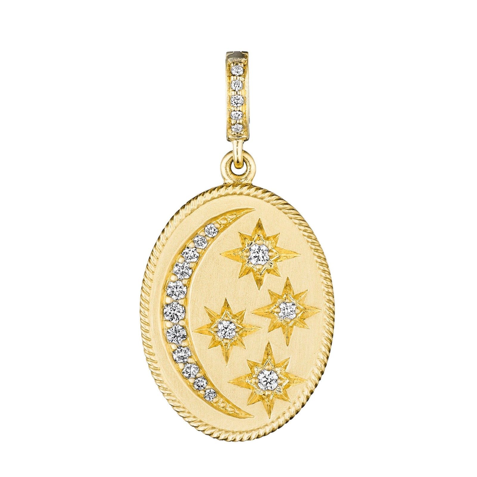 Diamond Star & Moon Medallion Charm by Penny Preville available at Talisman Collection Fine Jewelers in El Dorado Hills, CA and online. Transform your favorite necklace with the addition of this beautiful 18k gold charm that featuring a twinkling crescent moon and stars made of 0.32 cts of diamonds. For a fresh look, group this 122x17 mm oval charm with several pendants.