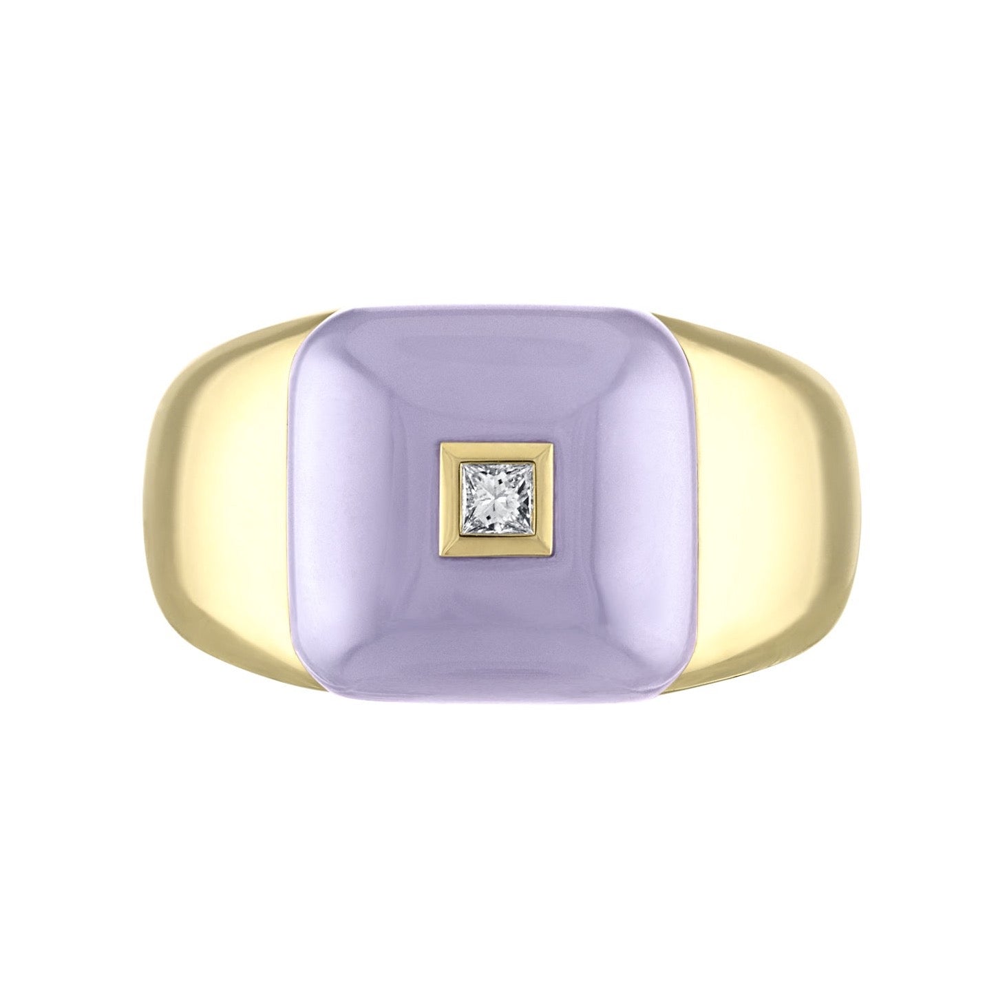 Chalcedony Sugarloaf Ring by Meredith Young available at Talisman Collection Fine Jewelers in El Dorado Hills, CA and online.This 18k gold stunner embodies understated sophistication. Featuring a cabochon lavender chalcedony, accented with a round brilliant diamond in a square bezel it is a testament to minimalist beauty that stands out effortlessly.