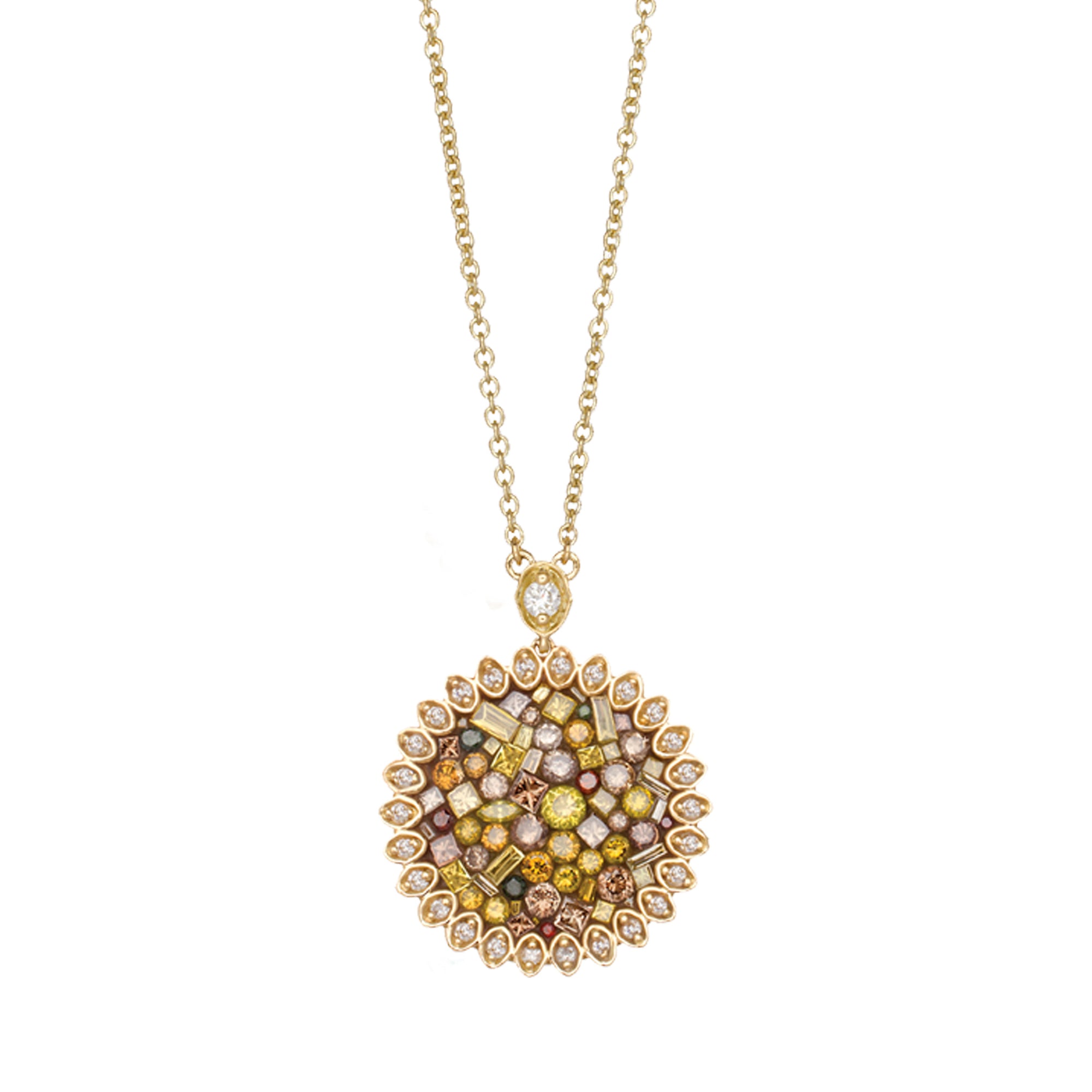 Cinnamon Sunflower Diamond Necklace by Pleve available at Talisman Collection Fine Jewelers in El Dorado Hills, CA and online. Specs: 18k yellow gold; color enhanced diamonds 1.80 cts