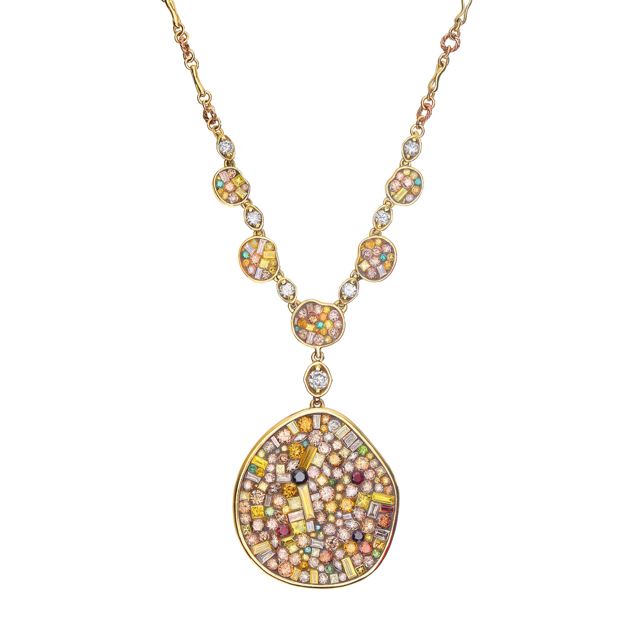 Cinnamon Pebble Drop Diamond Necklace by Pleve available at Talisman Collection Fine Jewelers in El Dorado Hills, CA and online. Specs: 18k yellow gold; color enhanced diamonds 7.15 cts