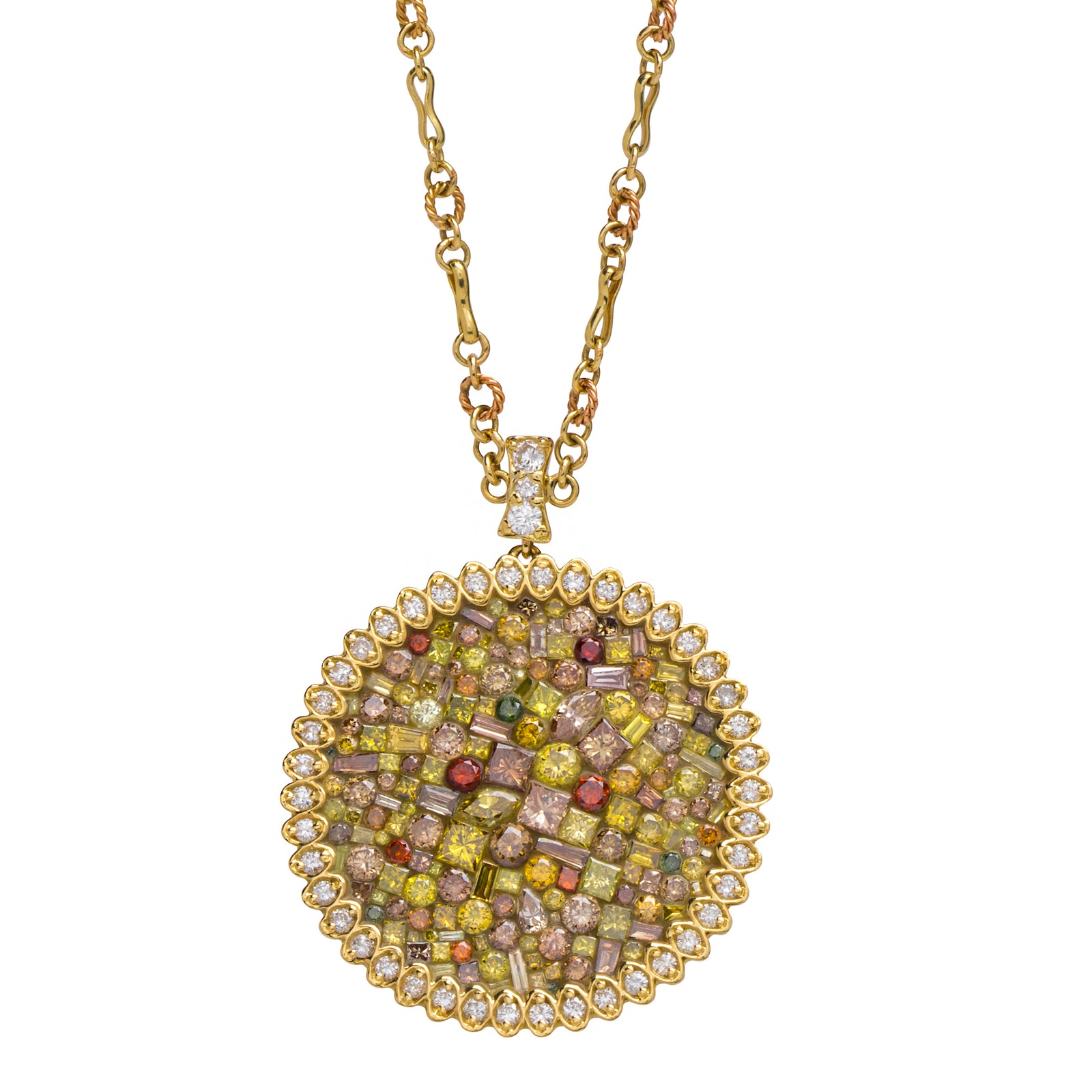 Cinnamon Large Sunflower Diamond Necklace by Pleve available at Talisman Collection Fine Jewelers in El Dorado Hills, CA and online. Specs: 6.20 cttw white & color enhanced diamonds, 18k yellow gold