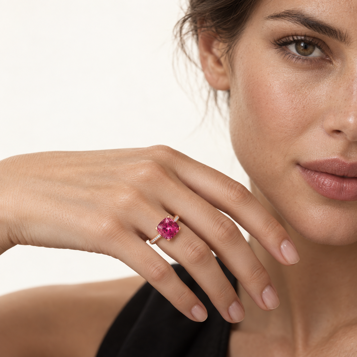 Cushion-Cut Rubellite and Diamond Ring by Lisa Nik