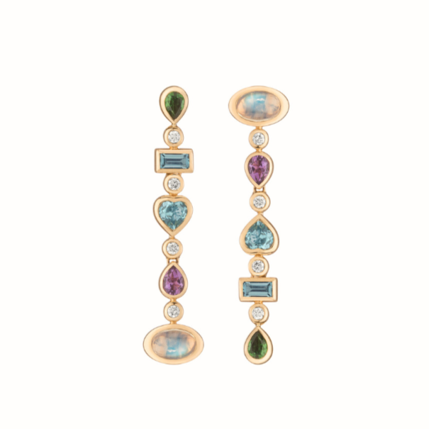 Confetti Reverse Earrings by Mined + Found available at Talisman Collection Fine Jewelers in El Dorado Hills, CA and online. These festive earrings features a cool ombré gradient of  of brilliant gems including: tsavorite garnet, amethyst and blue topaz paired with moonstone, rich with blue flashes of adularescence, totaling 2.22 cts combined. The handmade 14k yellow gold settings are accented with 0.17cts of sparkling diamonds. And the Confetti Convertible earrings hold a secret: a hinged post at each end 