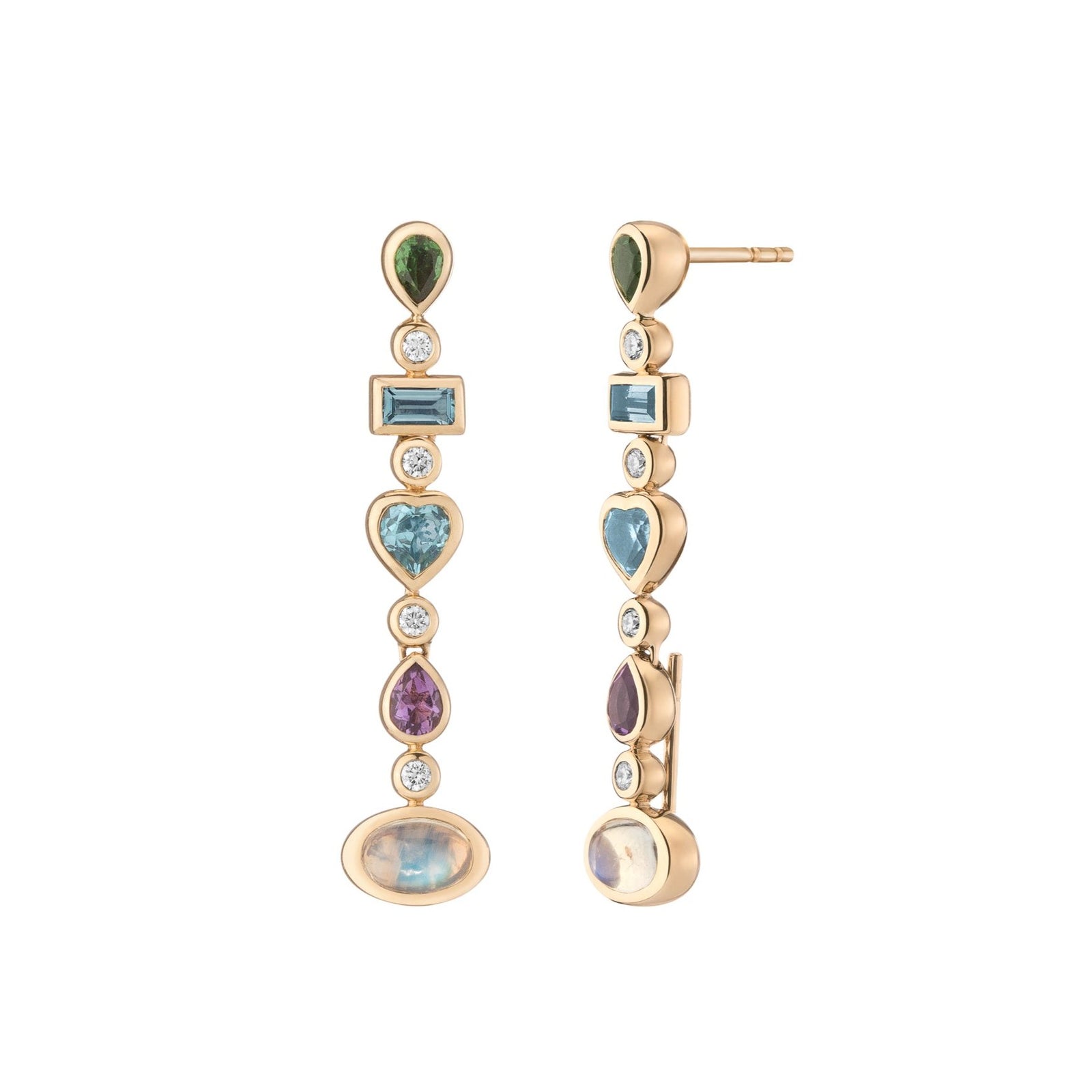 Confetti Reverse Earrings by Mined + Found available at Talisman Collection Fine Jewelers in El Dorado Hills, CA and online. These festive earrings features a cool ombré gradient of  of brilliant gems including: tsavorite garnet, amethyst and blue topaz paired with moonstone, rich with blue flashes of adularescence, totaling 2.22 cts combined. The handmade 14k yellow gold settings are accented with 0.17cts of sparkling diamonds. And the Confetti Convertible earrings hold a secret: a hinged post at each end 