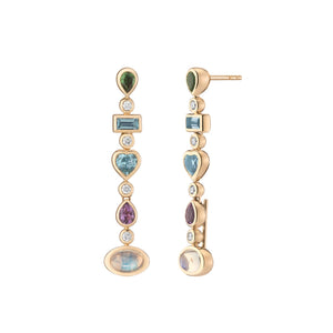 Confetti Reverse Earrings by Mined + Found available at Talisman Collection Fine Jewelers in El Dorado Hills, CA and online. These festive earrings features a cool ombré gradient of  of brilliant gems including: tsavorite garnet, amethyst and blue topaz paired with moonstone, rich with blue flashes of adularescence, totaling 2.22 cts combined. The handmade 14k yellow gold settings are accented with 0.17cts of sparkling diamonds. And the Confetti Convertible earrings hold a secret: a hinged post at each end 