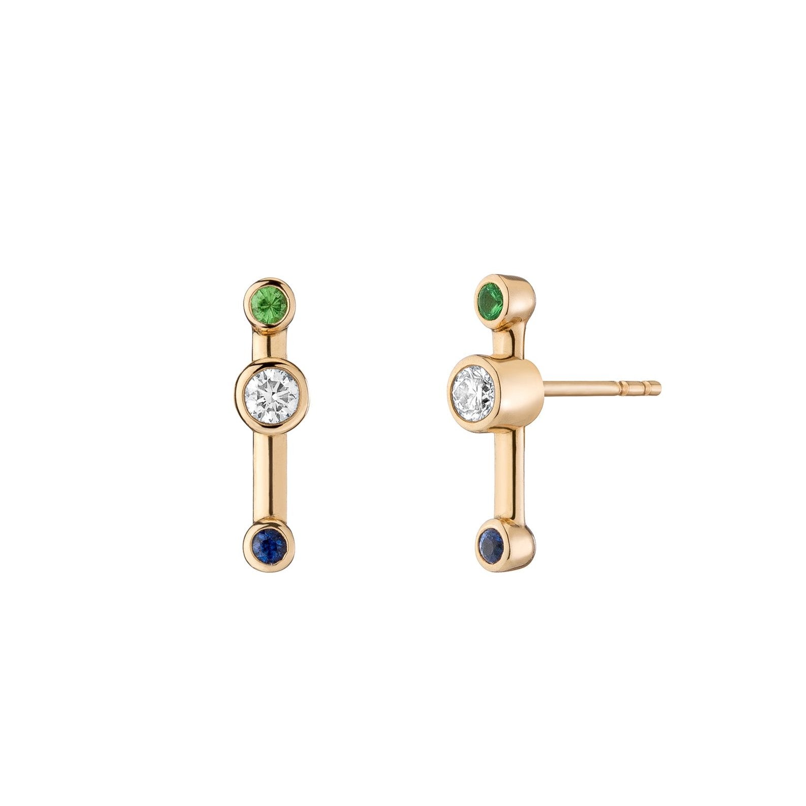 Confetti Reverse Earrings by Mined + Found available at Talisman Collection Fine Jewelers in El Dorado Hills, CA and online.  Representative of a segment in time, the Crossroad Studs may be worn with the diamond positioned close to either end cap, or centered in the middle. With 0.17 cts of diamonds and .13 cts of sapphires & tsavorite garnet, these 14k yellow gold earrings make a delicate statement for a primary piercing, and are so streamlined that they're easily worn in secondary and cartilage piercings 