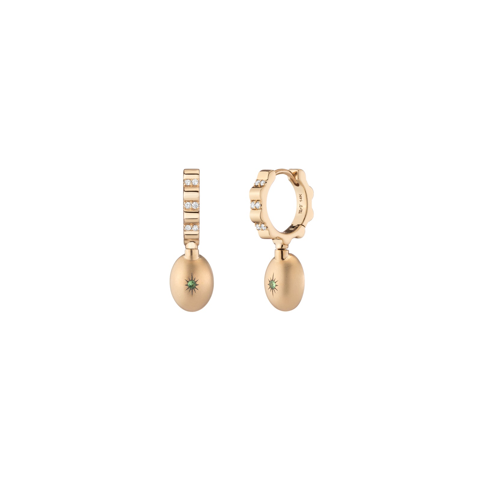 Alter Ego Convertible Hoop Earrings by Mined + Found available at Talisman Collection Fine Jewelers in El Dorado Hills, CA and online.  Starting with handmade 14k yellow gold scalloped hoops, accented with 0.06 cts of diamonds, the one-of-a-kind Alter Ego earrings play on the idea that we all have another side (whether we show it or not.) One side presents 2.28 cts of vibrant, faceted chrome-green tourmaline ovals, bezel set into polished gold, and with a simple twist, the other side, showcases a starburst 