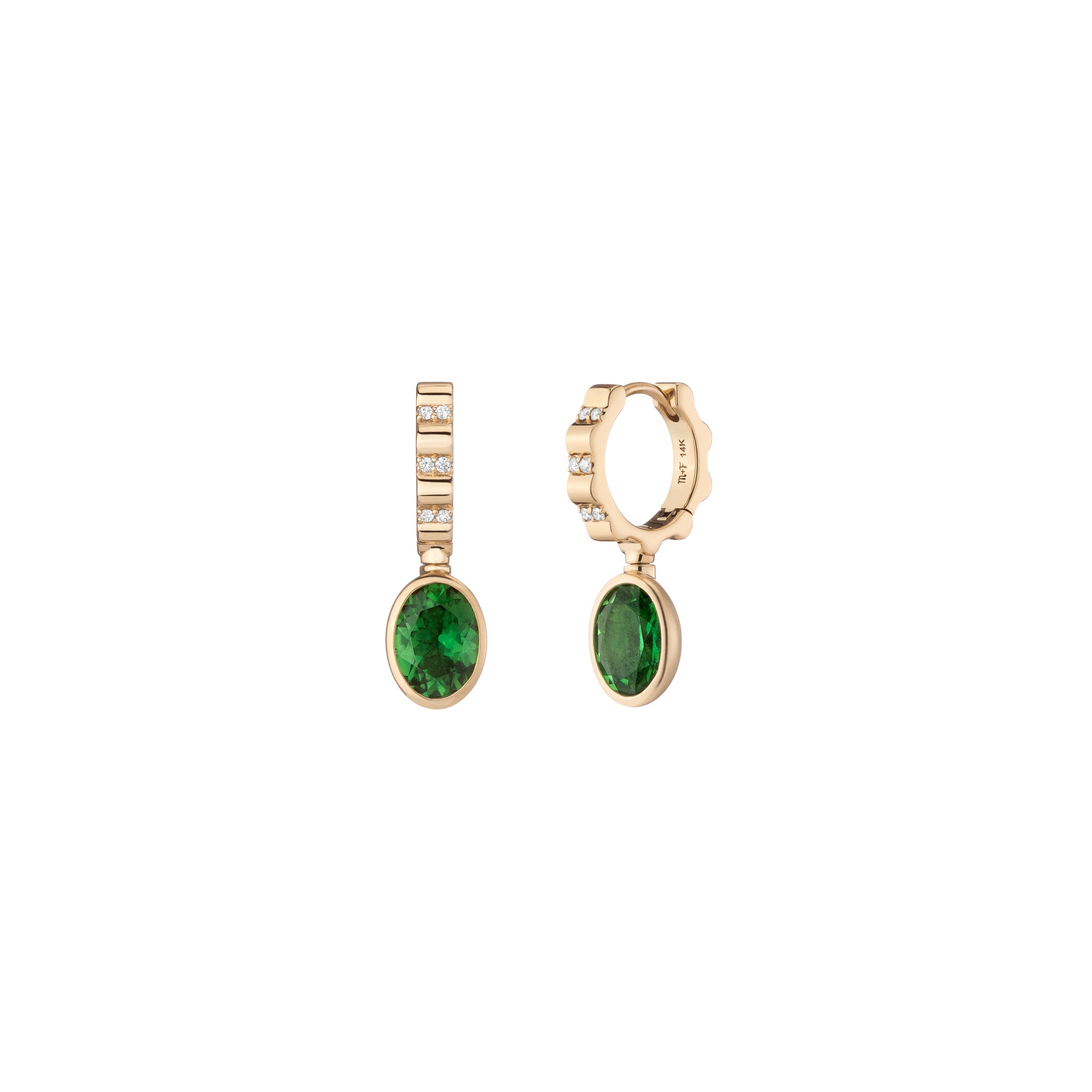 Alter Ego Convertible Hoop Earrings by Mined + Found available at Talisman Collection Fine Jewelers in El Dorado Hills, CA and online.  Starting with handmade 14k yellow gold scalloped hoops, accented with 0.06 cts of diamonds, the one-of-a-kind Alter Ego earrings play on the idea that we all have another side (whether we show it or not.) One side presents 2.28 cts of vibrant, faceted chrome-green tourmaline ovals, bezel set into polished gold, and with a simple twist, the other side, showcases a starburst 