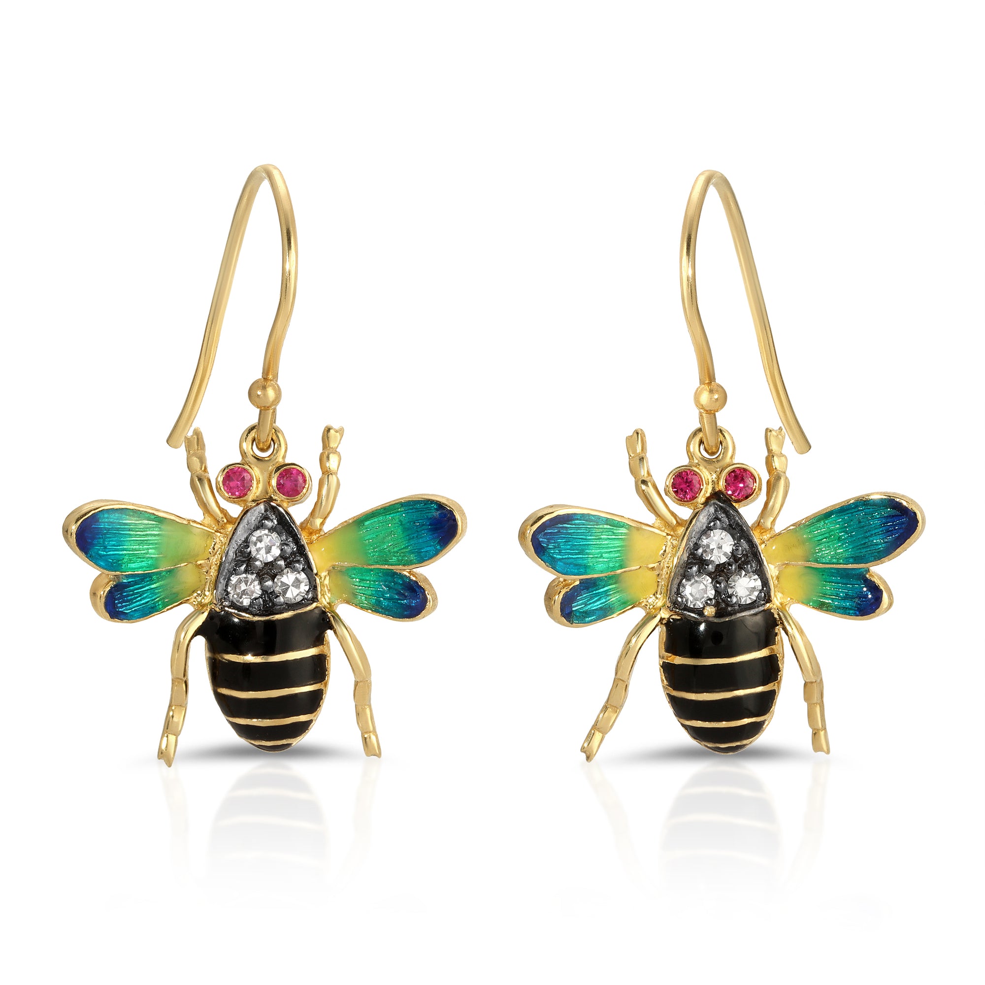 Enameled Bumble Bee Drop Earrings by Lord Jewelry available at Talisman Collection Fine Jewelers in El Dorado Hills, CA and online. Darling Bumble Bee Drop Earrings exude enchanting charm... These petite wonders with ombre blue-green enamel wings are crafted in 18k yellow gold. With a touch of sparkle from 0.30 carats of diamonds and a dash of color with 0.10 carats of rubies, these whimsical earrings add a sweet and playful twist, making every day a bit brighter.