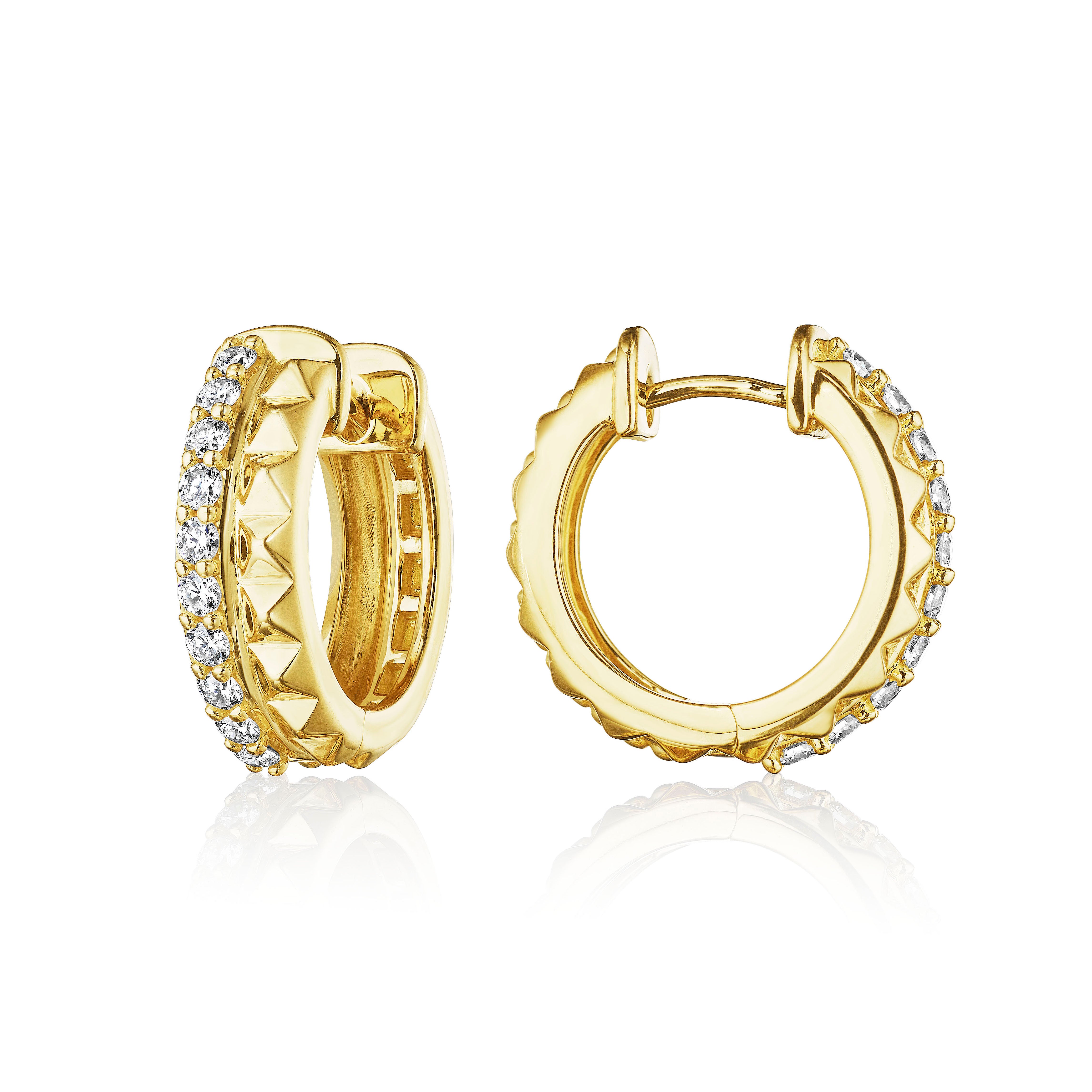 Two Row Diamond Hoop Earrings by Penny Preville available at Talisman Collection Fine Jewelers in El Dorado Hills, CA and online. These classic huggie hoop earrings bring a fresh twist with their geometric design, featuring a single row of diamonds totaling .30 cts. Crafted in 18k gold, they offer just the right amount of sparkle for everyday wear or special occasions. At 14mm in diameter, they’re lightweight and comfortable, making them an effortless addition to your look. Simple yet distinctive, they add 