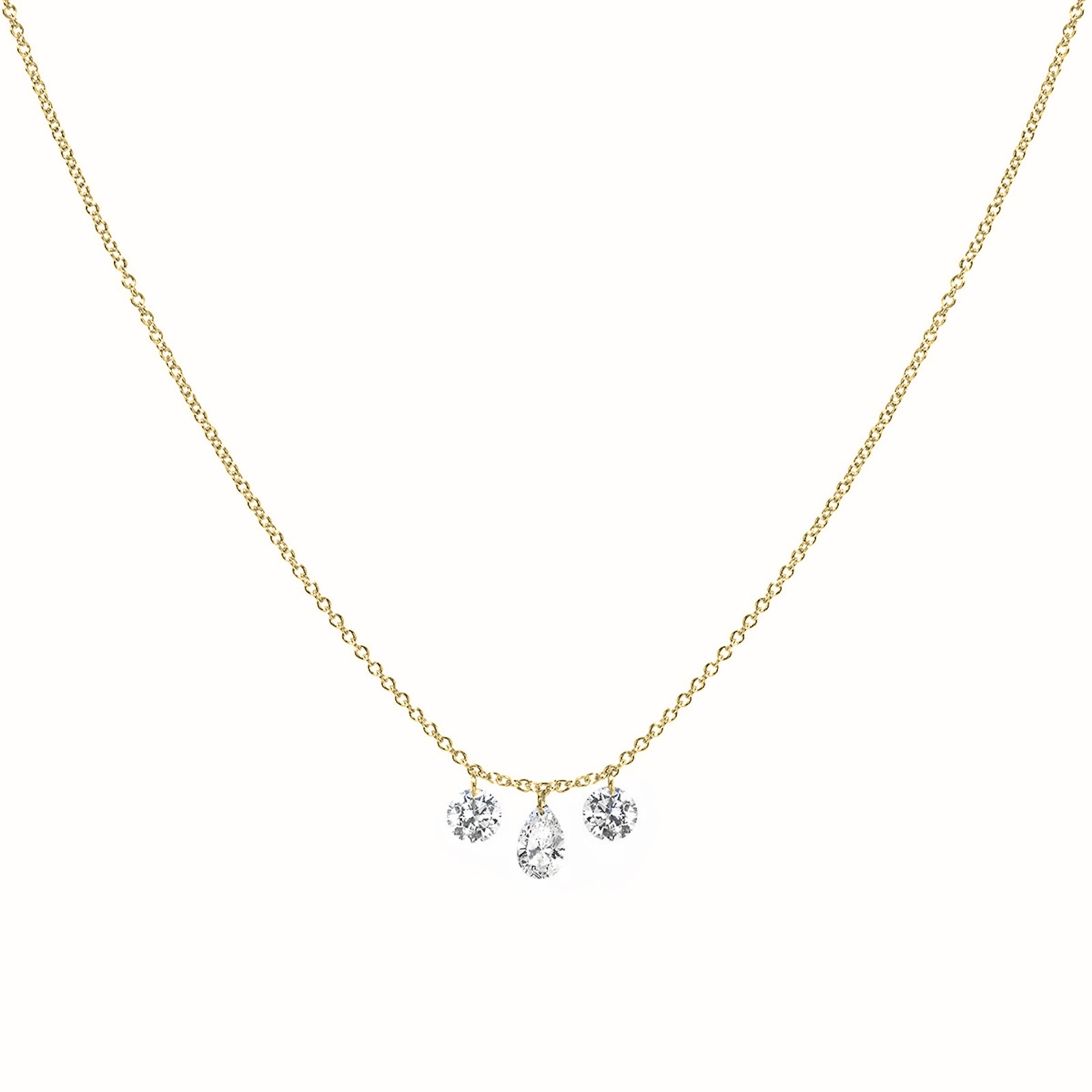 Round & Pear Diamond Trio Yellow Gold Necklace
