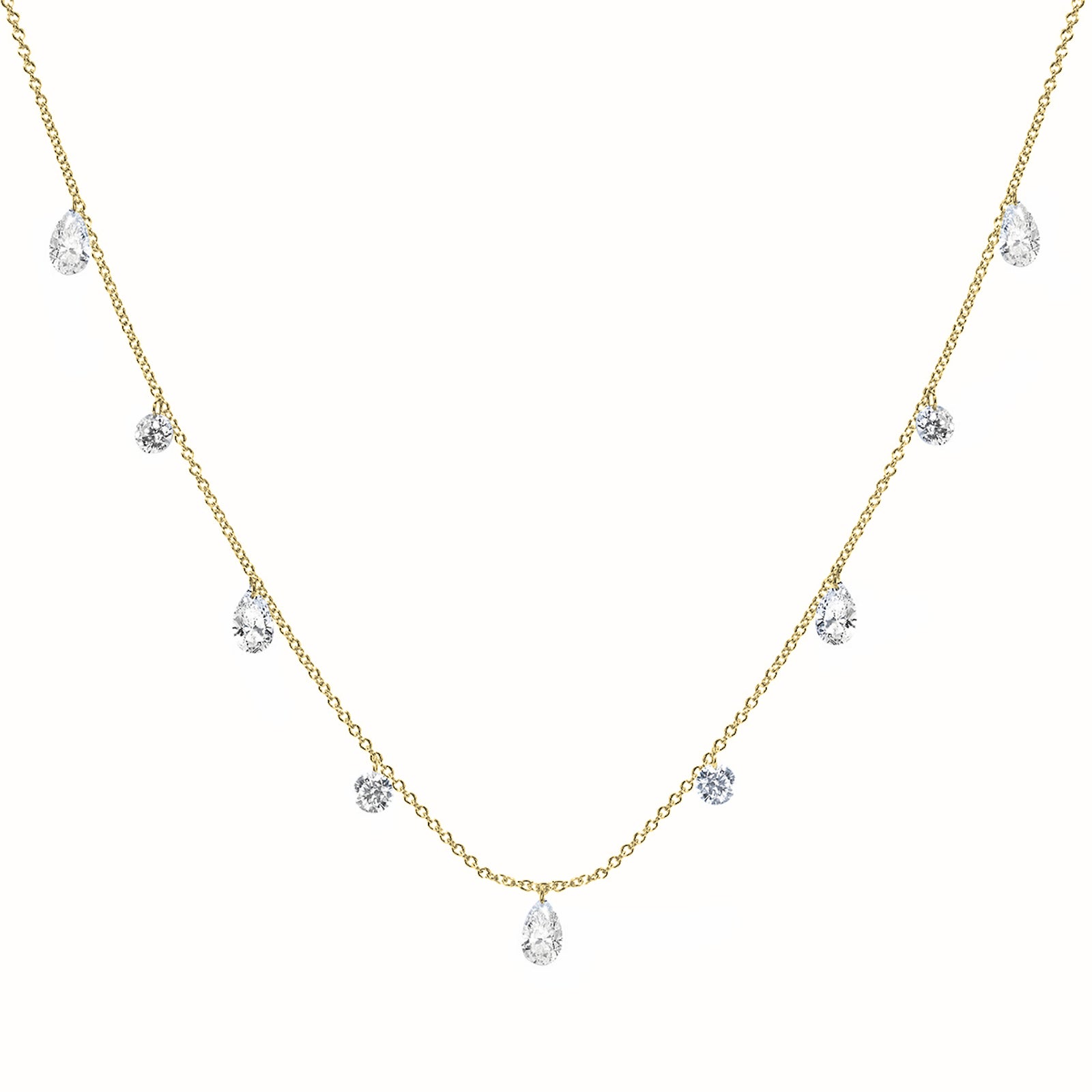 Round & Pear Diamond Charm Yellow Gold Necklace