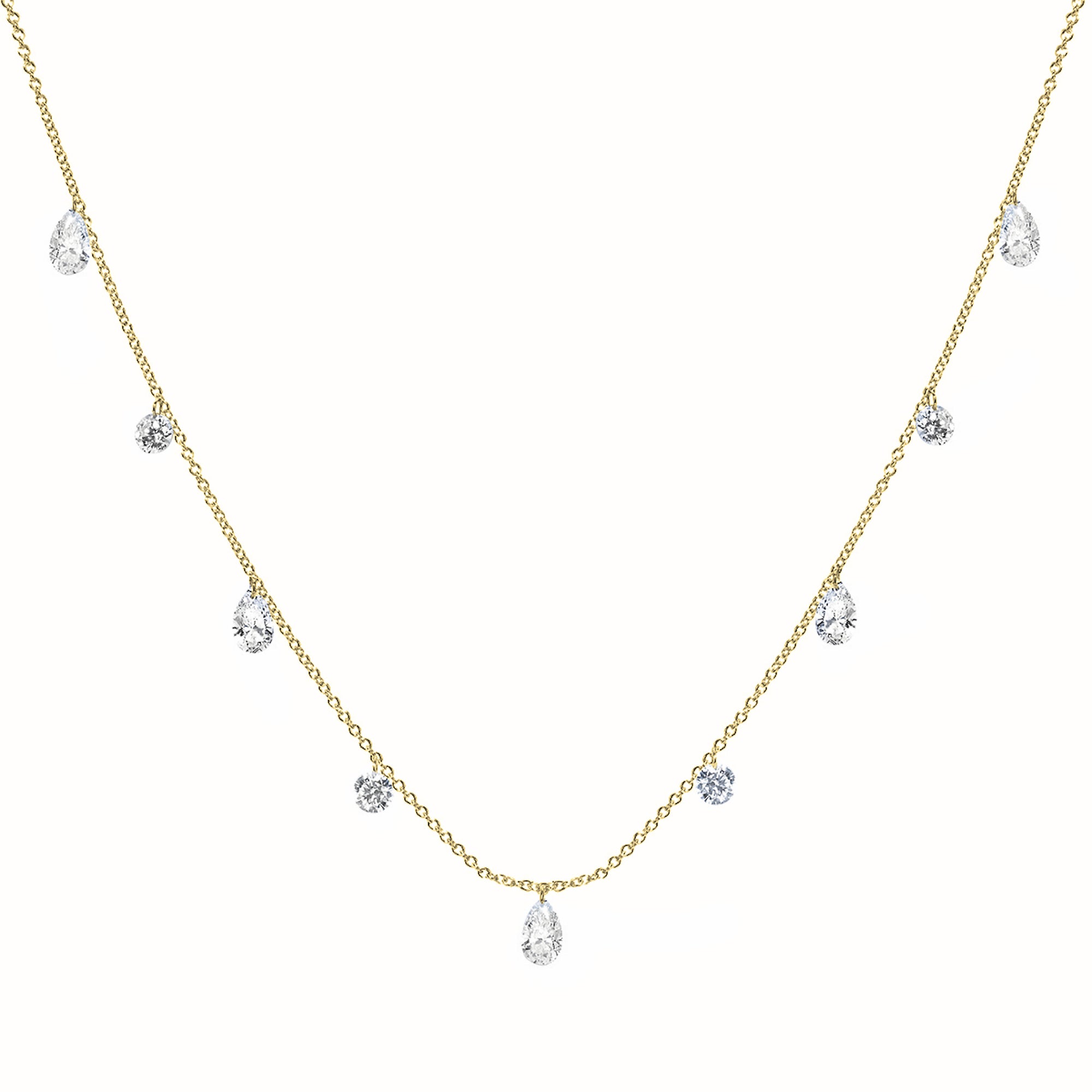 Round & Pear Diamond Charm Yellow Gold Necklace