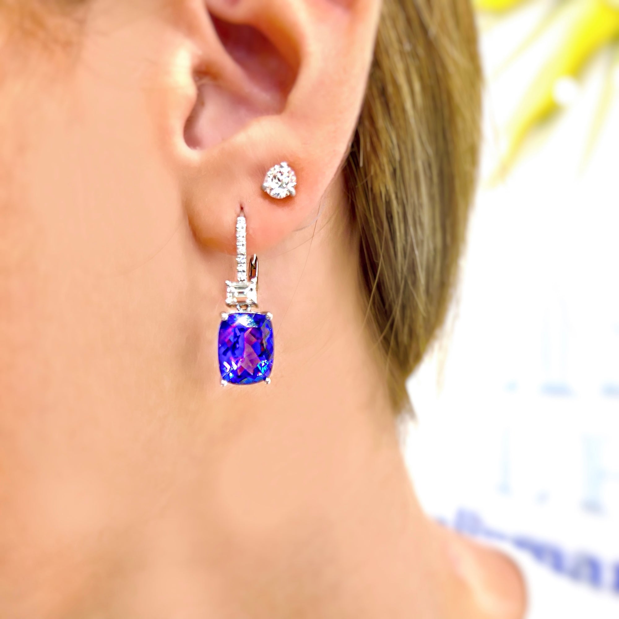 Tanzanite & Diamond Wing Earrings by Yael available at Talisman Collection Fine Jewelers in El Dorado Hills, CA and online. These swoon-worthy tanzanite earrings are so striking you'll never want to take them off! Featuring 8.73 cts of emerald-cut tanzanites and 0.86 ct of round white diamonds set in 18k white gold. True stunners and beautifully crafted, they are a timeless addition to your collection.