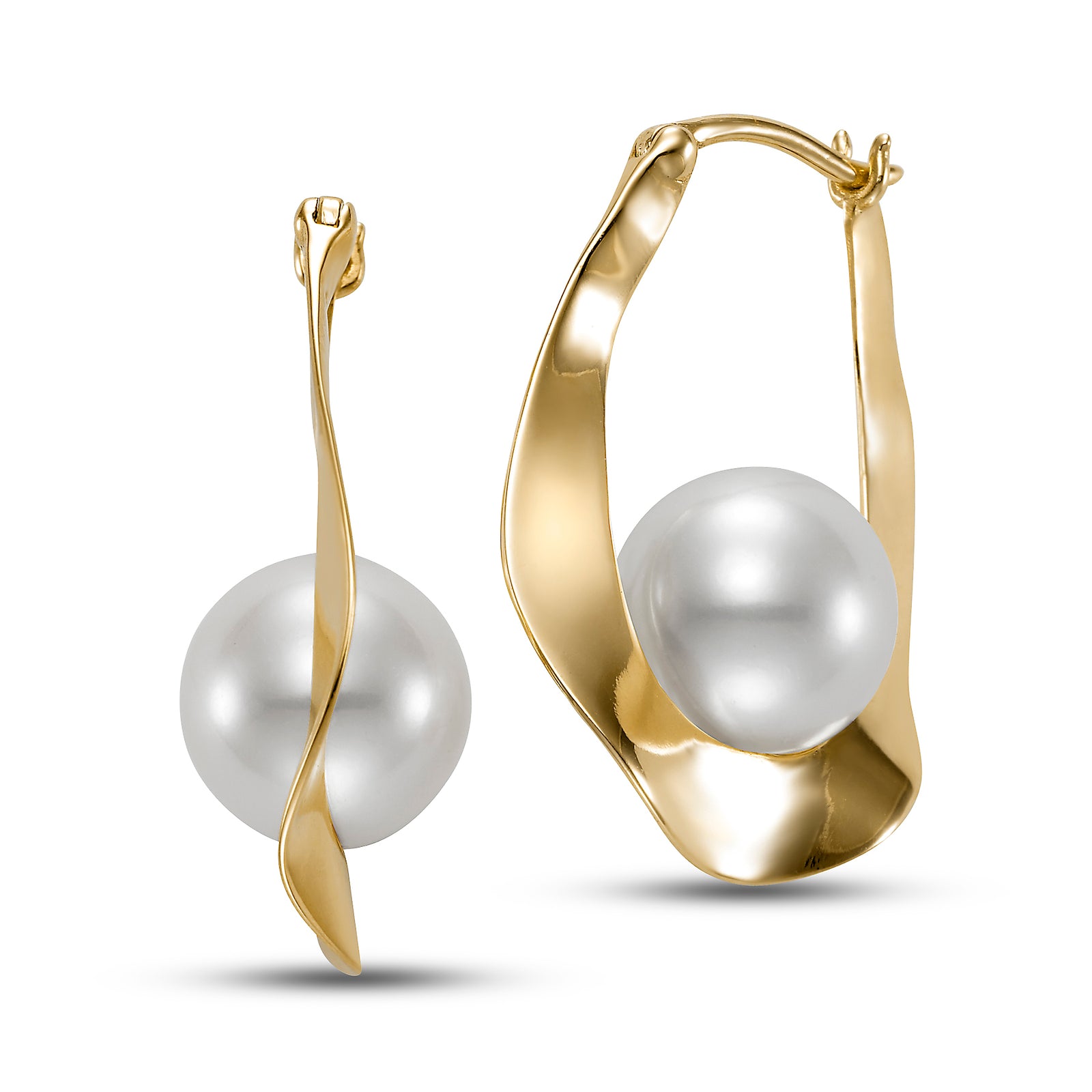 Freshwater Pearl Twisted Hoop Earrings by Mastoloni available at Talisman Collection Fine Jewelers in El Dorado Hills, CA and online.These twisted hoop earrings offer a modern take on classic hoops. Each 8.5 – 9 mm freshwater pearls is surrounded with 14k yellow gold in a beautifully unique, organic design that feels playful yet refined. The mix of smooth pearls and polished hoops creates a look that’s full of character, perfect for those who like their jewelry with a bit of personality. A standout piece fo