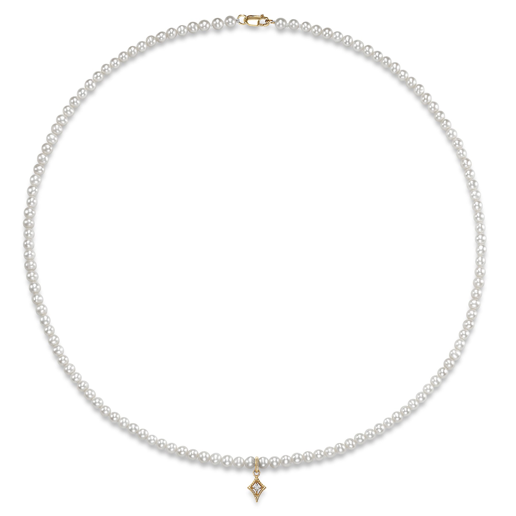 Diamond Charm Freshwater Pearl Necklace by Mastoloni available at Talisman Collection Fine Jewelers in El Dorado Hills, CA and online.A delicate diamond charm takes center stage on this white freshwater pearl necklace. The charm, set in 14k gold, adds a subtle sparkle that complements the 3.5–4.0mm pearls along the strand. This piece blends an air of simplicity with a hint of elegance, perfect for layering or wearing on its own for a refined look. 