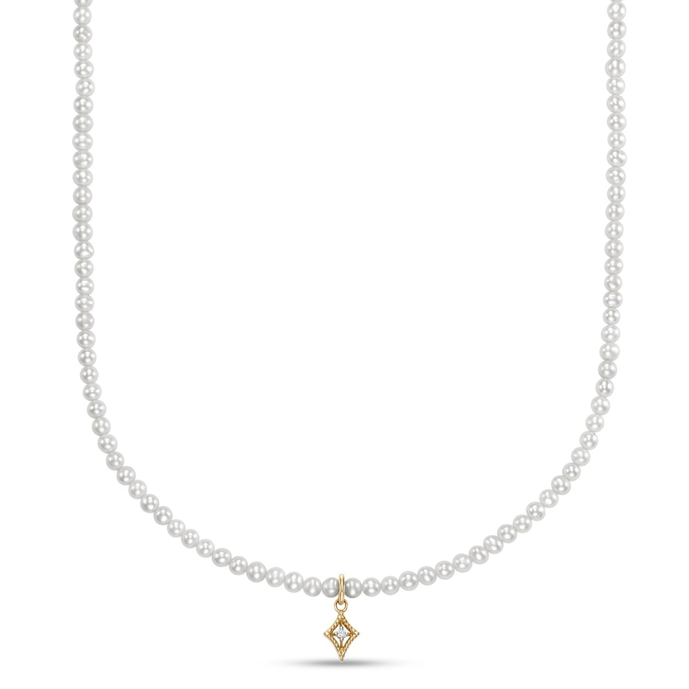 Diamond Charm Freshwater Pearl Necklace by Mastoloni available at Talisman Collection Fine Jewelers in El Dorado Hills, CA and online.A delicate diamond charm takes center stage on this white freshwater pearl necklace. The charm, set in 14k gold, adds a subtle sparkle that complements the 3.5–4.0mm pearls along the strand. This piece blends an air of simplicity with a hint of elegance, perfect for layering or wearing on its own for a refined look. 