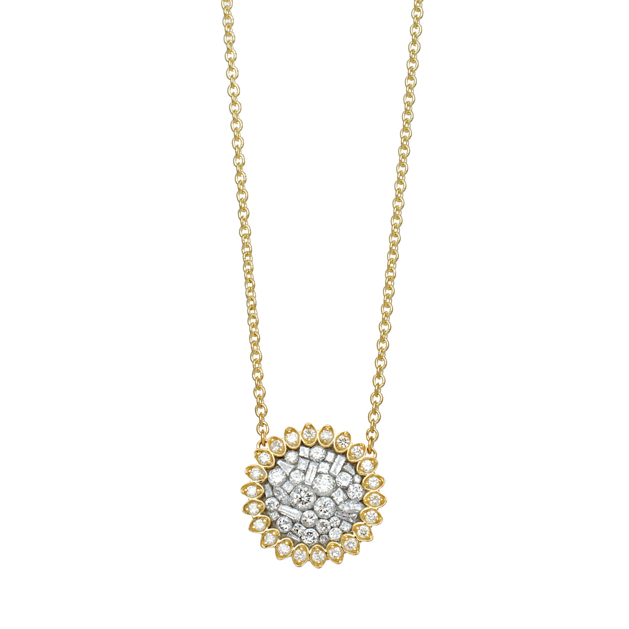 Ice Sunflower Diamond Necklace by Pleve available at Talisman Collection Fine Jewelers in El Dorado Hills, CA and online. Specs: 1.10 cttw diamonds, 18k yellow gold.