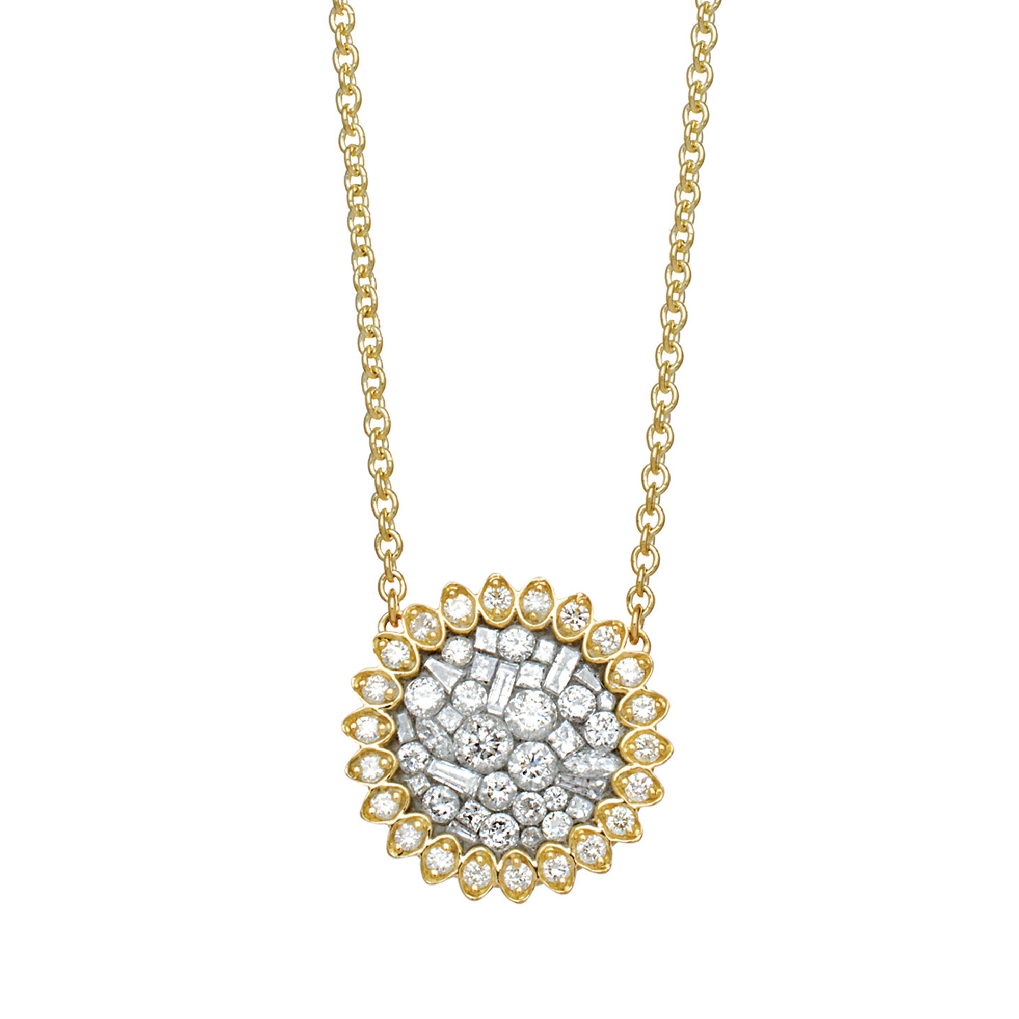 Ice Sunflower Diamond Necklace by Pleve available at Talisman Collection Fine Jewelers in El Dorado Hills, CA and online. Specs: 1.10 cttw diamonds, 18k yellow gold.