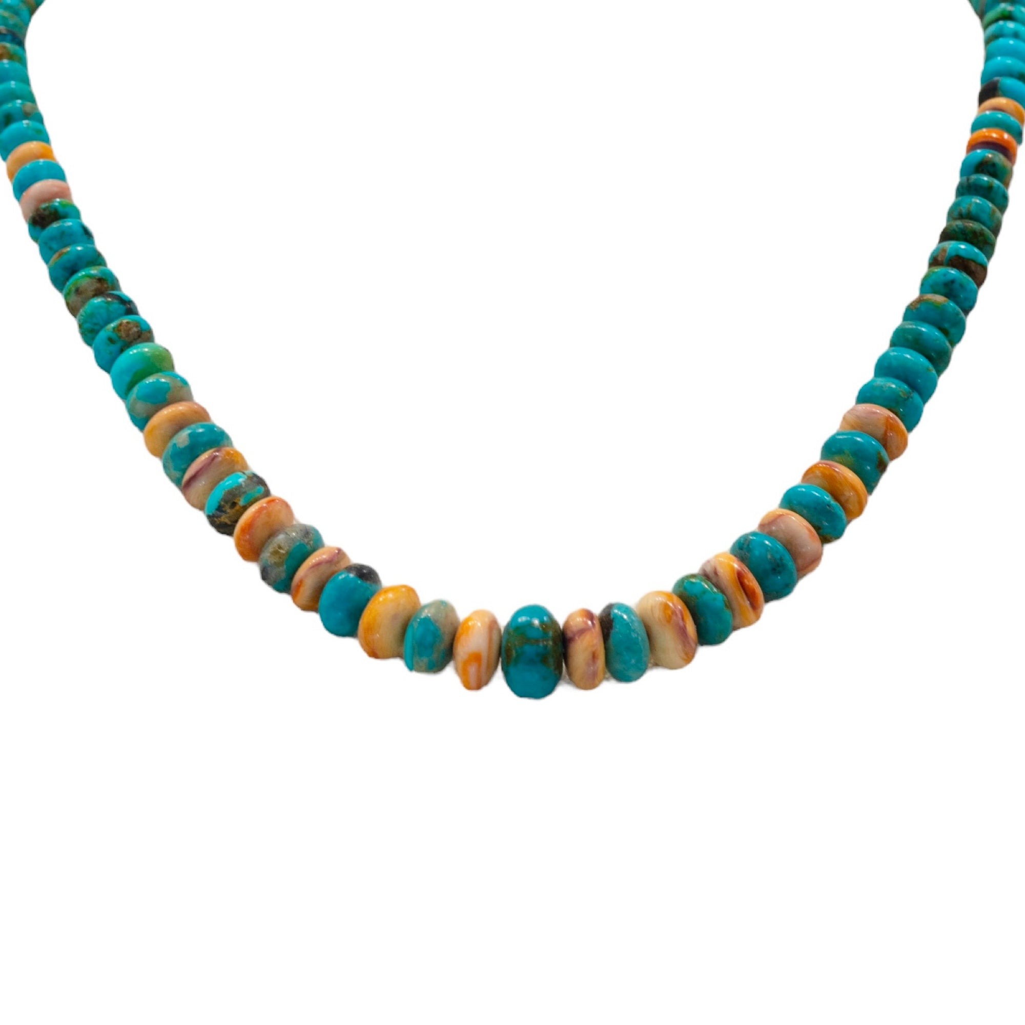 Native American Tibetan Turquoise Necklace available at Talisman Collection Fine Jewelers in El Dorado Hills, CA and online.Stats: A timeless piece: Experience a sense of tradition with this 18" Native American Necklace. Handcrafted with Spiny Oyster shell and Tibetan cut turquoise rondelles, adorned with a signature sterling silver cone clasp. Impeccable quality guaranteed. Story: This jewelry collection is sold to support Mather Vets and America’s Finest