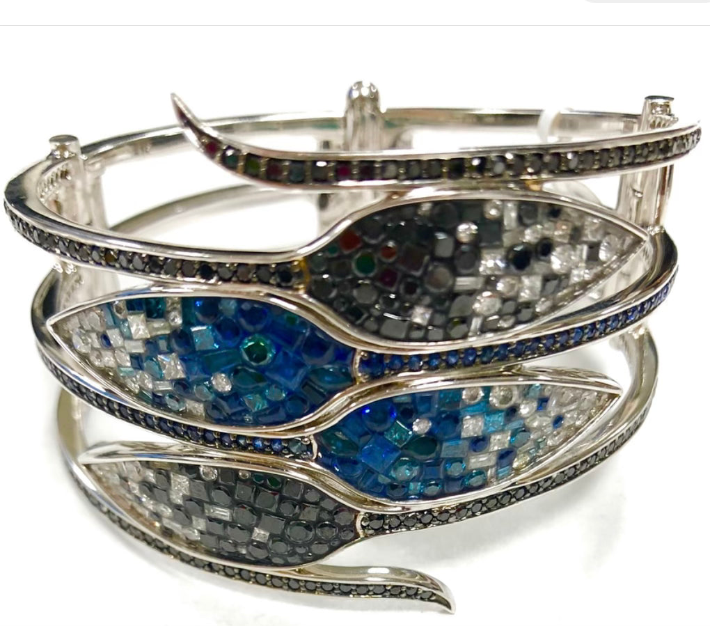 Ombre Double Snake Sapphire & Diamond Bracelet available at Talisman Collection Fine Jewelers in El Dorado Hills, CA and online. Specs: Natural sapphires, white diamonds & color enhanced diamonds - 9.50 cttw. 18k white gold.