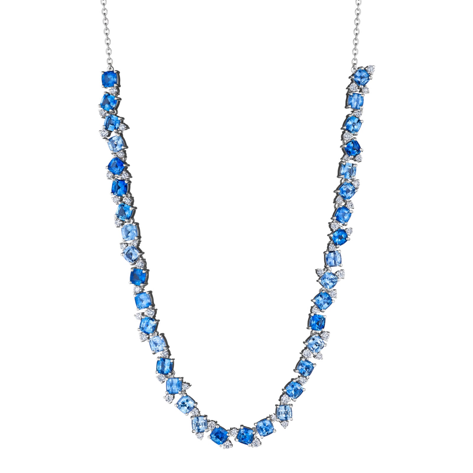 Blue Sapphire Confetti Necklace by Penny Preville available at Talisman Collection Fine Jewelers in El Dorado Hills, CA and online Add a pop of color and a sprinkle of sparkle to your ensemble with Penny Preville's Blue Sapphire Confetti Necklace. Made with 1.41 cts of diamonds and 15.48 cts of cushion-cut blue sapphires all set in 18k white gold, this necklace is a dazzling addition to any outfit.