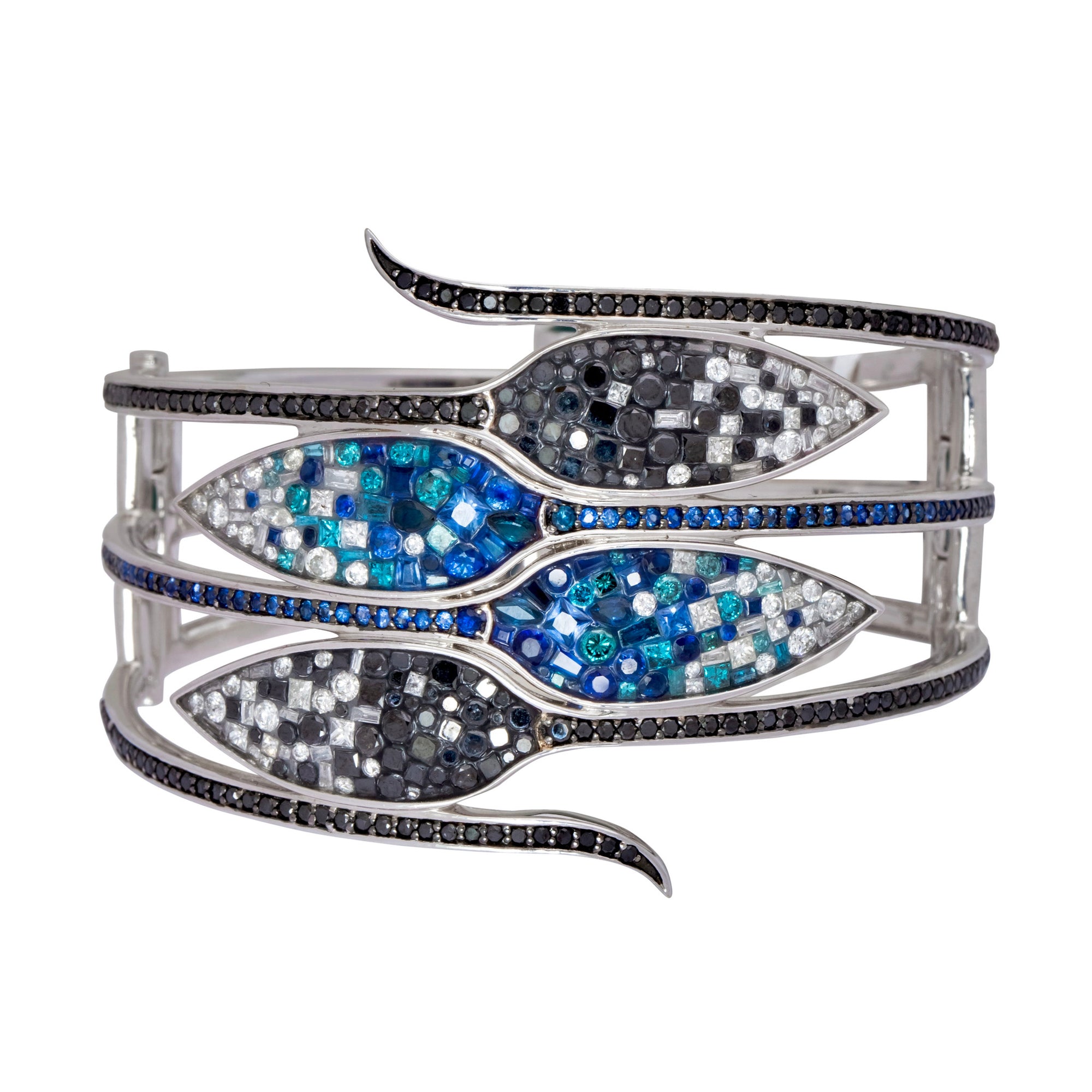Ombre Double Snake Sapphire & Diamond Bracelet available at Talisman Collection Fine Jewelers in El Dorado Hills, CA and online. Specs: Natural sapphires, white diamonds & color enhanced diamonds - 9.50 cttw. 18k white gold.