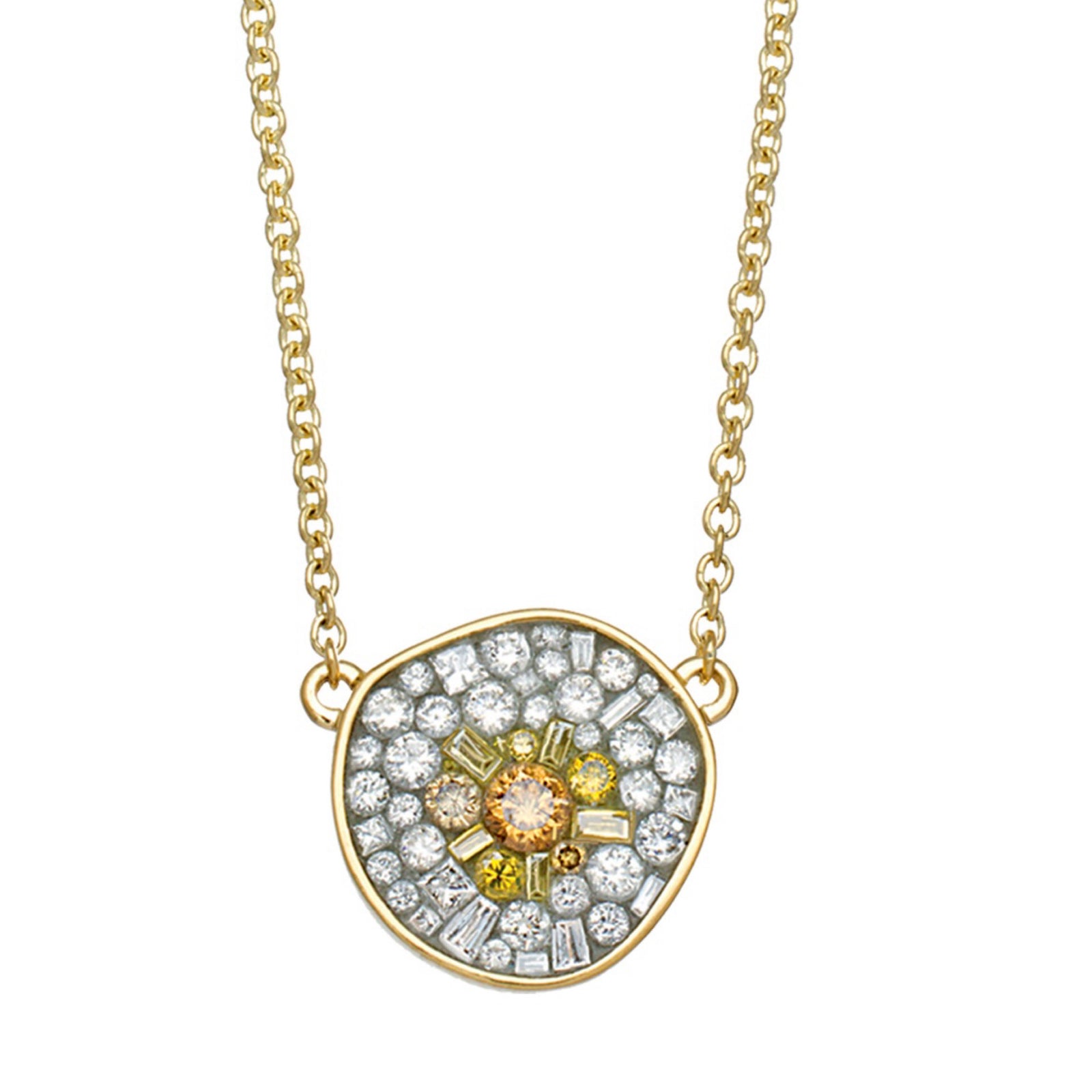 Sun Burst Pebble Diamond Necklace available at Talisman Collection Fine Jewelers in El Dorado Hills, CA and online. Specs: White diamonds & yellow color enhanced diamonds - 1.15 cttw, 18k yellow gold. 