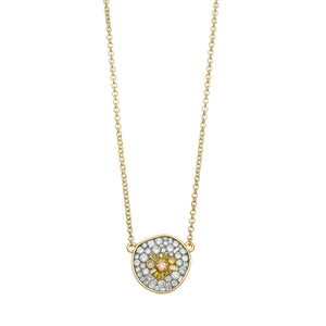 Sun Burst Pebble Diamond Necklace available at Talisman Collection Fine Jewelers in El Dorado Hills, CA and online. Specs: White diamonds & yellow color enhanced diamonds - 1.15 cttw, 18k yellow gold. 