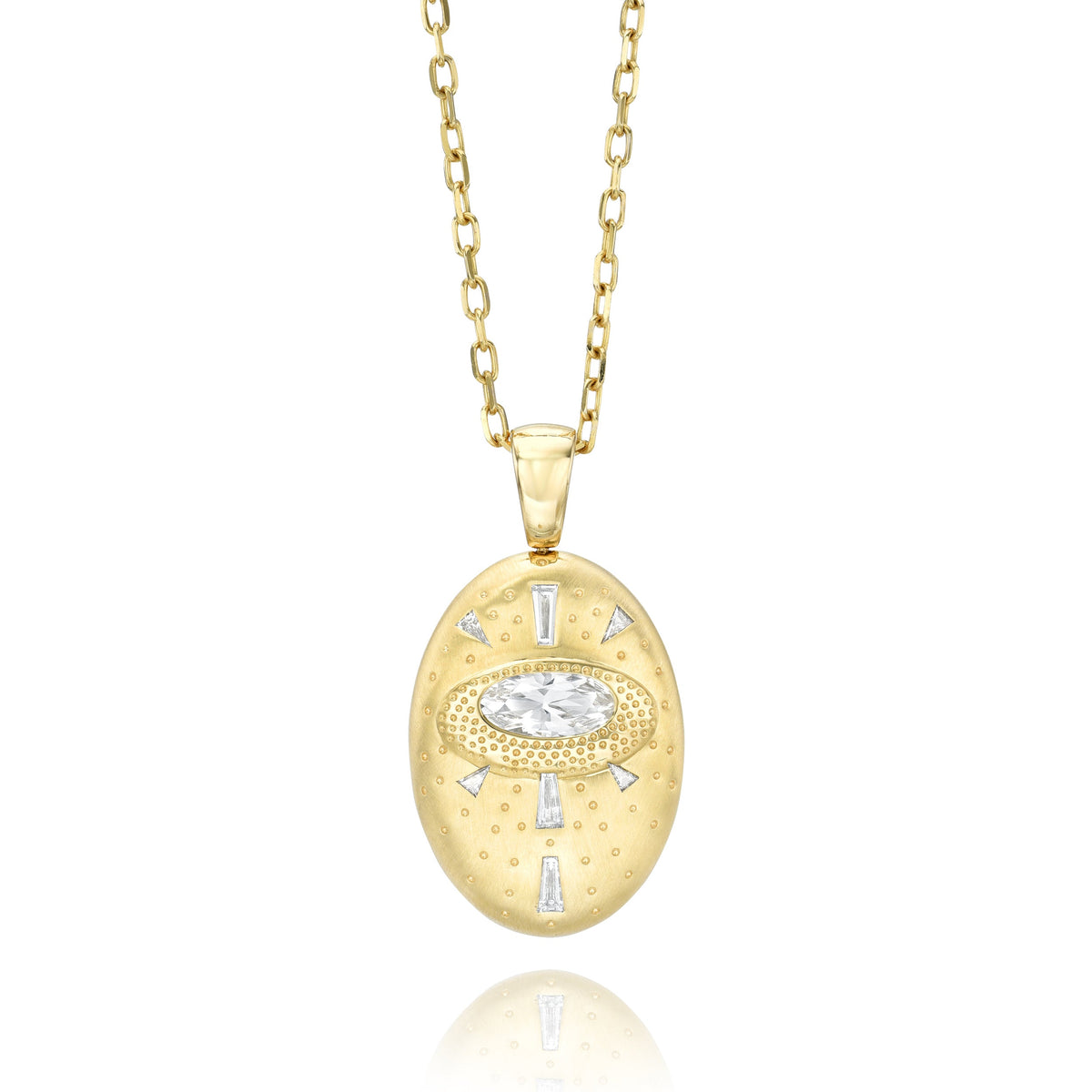 Supernova Star Eternal Double Sided Pendant Necklace by Meredith Young, available at Talisman Collection Fine Jewelers in El Dorado Hills, CA and online. Set in 18k gold, this reversable pendant features .3 ctw of diamonds and .94 cts oval white sapphire. One side depicts the birth of a star and the other side a supernova. A supernova results when the core of a massive star collapses and explodes on itself resulting in a brilliant burst of energy.