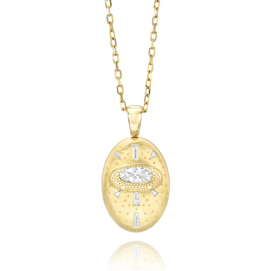 Supernova Star Eternal Double Sided Pendant Necklace by Meredith Young, available at Talisman Collection Fine Jewelers in El Dorado Hills, CA and online. Set in 18k gold, this reversable pendant features .3 ctw of diamonds and .94 cts oval white sapphire. One side depicts the birth of a star and the other side a supernova. A supernova results when the core of a massive star collapses and explodes on itself resulting in a brilliant burst of energy.