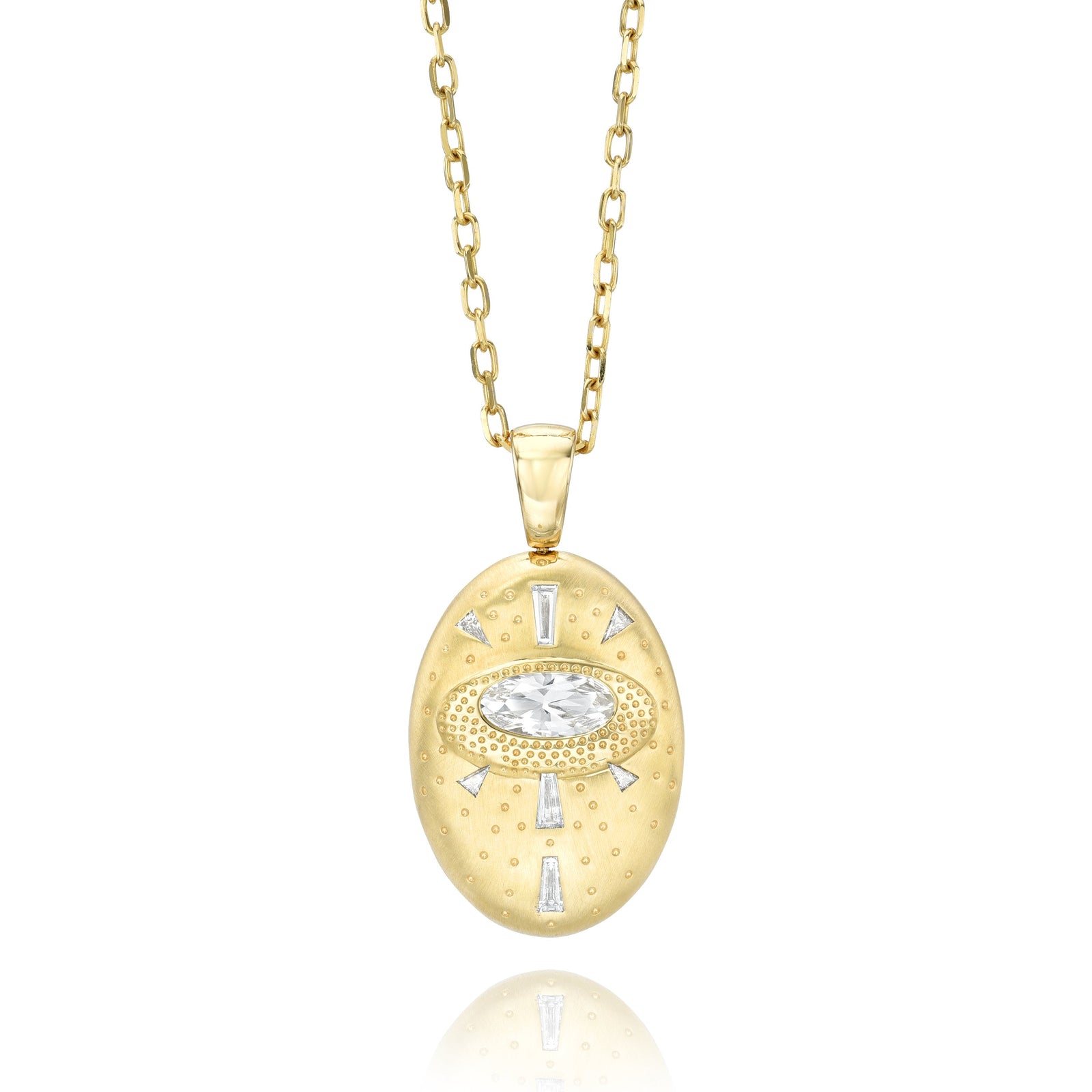 Supernova Star Eternal Double Sided Pendant Necklace by Meredith Young, available at Talisman Collection Fine Jewelers in El Dorado Hills, CA and online. Set in 18k gold, this reversable pendant features .3 ctw of diamonds and .94 cts oval white sapphire. One side depicts the birth of a star and the other side a supernova. A supernova results when the core of a massive star collapses and explodes on itself resulting in a brilliant burst of energy.