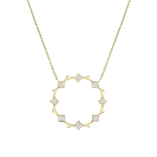 Meet the Open Circle Energy Necklace by Meredith Young, available at Talisman Collection Fine Jewelers in El Dorado Hills, CA and online. ! This lovely piece showcases a playful arrangement of .56 cts of white princess diamonds, dancing alongside 18k gold triangles. The pendant's diameter extends to over 1 inch, and it offers an adjustable length, so you can wear it comfortably at 16 to 18 inches. It's a perfect choice for adding a touch of sparkle to any day.