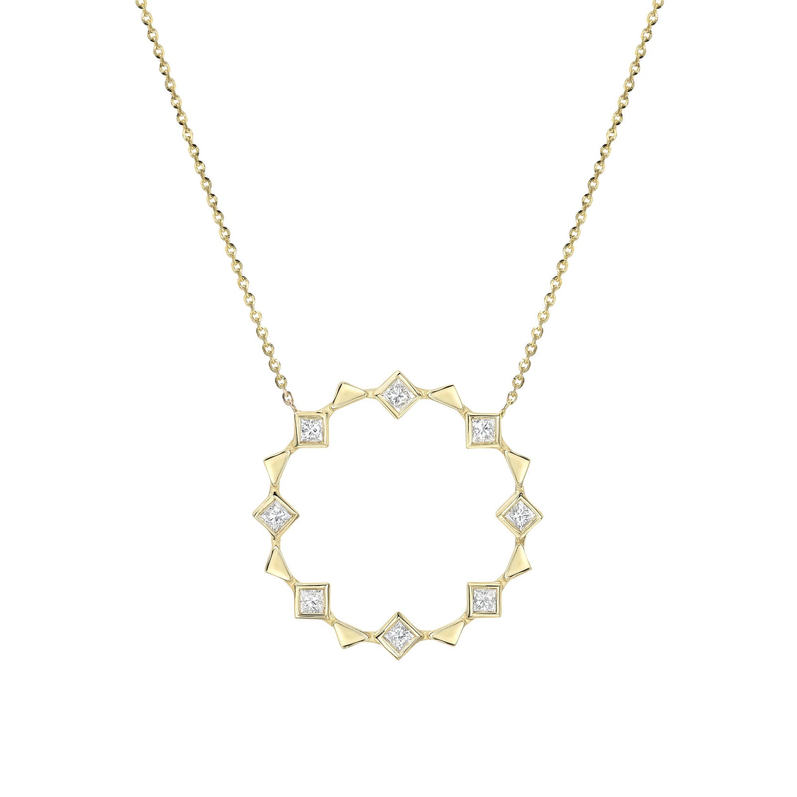 Meet the Open Circle Energy Necklace by Meredith Young, available at Talisman Collection Fine Jewelers in El Dorado Hills, CA and online. ! This lovely piece showcases a playful arrangement of .56 cts of white princess diamonds, dancing alongside 18k gold triangles. The pendant's diameter extends to over 1 inch, and it offers an adjustable length, so you can wear it comfortably at 16 to 18 inches. It's a perfect choice for adding a touch of sparkle to any day.