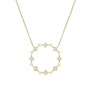 Meet the Open Circle Energy Necklace by Meredith Young, available at Talisman Collection Fine Jewelers in El Dorado Hills, CA and online. ! This lovely piece showcases a playful arrangement of .56 cts of white princess diamonds, dancing alongside 18k gold triangles. The pendant's diameter extends to over 1 inch, and it offers an adjustable length, so you can wear it comfortably at 16 to 18 inches. It's a perfect choice for adding a touch of sparkle to any day.