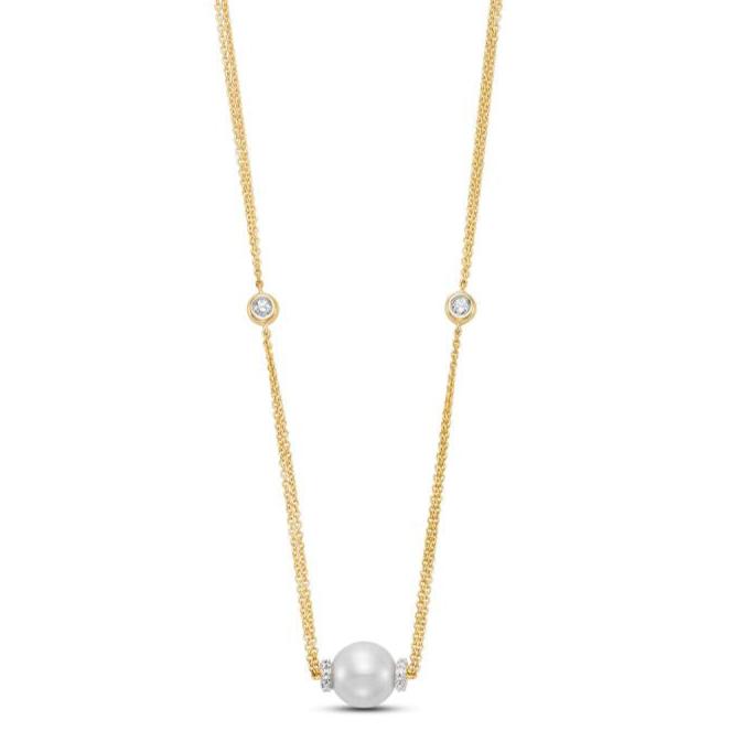 Freshwater Pearl and Diamond Necklace by Mastoloni available at Talisman Collection Fine Jewelers in El Dorado Hills, CA and online. A beautiful freshwater pearl is the focal point of this 18k yellow gold necklace, paired with the subtle sparkle of 24 diamonds totaling 0.22 cts. The white pearl, measuring 9.5–10mm, adds a natural luster, while the 18" chain offers a classic length that suits any style. This piece brings a touch of effortless charm, perfect for both everyday wear and special moments. 
