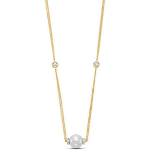 Freshwater Pearl and Diamond Necklace by Mastoloni available at Talisman Collection Fine Jewelers in El Dorado Hills, CA and online. A beautiful freshwater pearl is the focal point of this 18k yellow gold necklace, paired with the subtle sparkle of 24 diamonds totaling 0.22 cts. The white pearl, measuring 9.5–10mm, adds a natural luster, while the 18" chain offers a classic length that suits any style. This piece brings a touch of effortless charm, perfect for both everyday wear and special moments. 